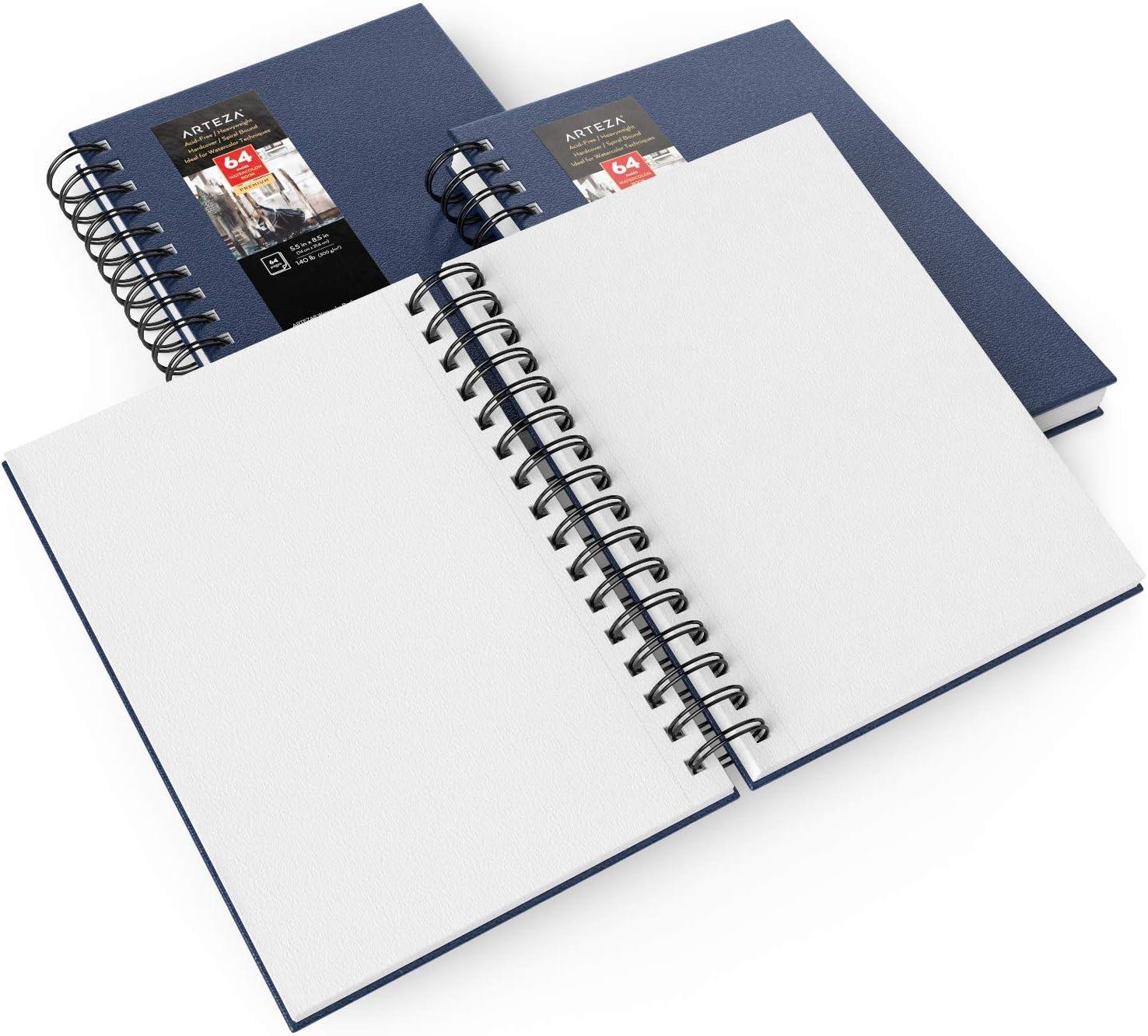 ARTEZA Watercolor Sketchbook 2-Pack, 9×12 Inches – 64 Pages Each, Spiral-Bound 140 lb Cold Press Paper, Gray Hardcover Journal for Mixed Media(Blue)