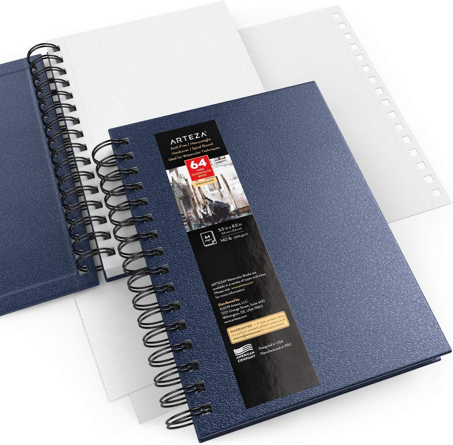 ARTEZA Watercolor Sketchbook 2-Pack, 9×12 Inches – 64 Pages Each, Spiral-Bound 140 lb Cold Press Paper, Gray Hardcover Journal for Mixed Media(Blue)