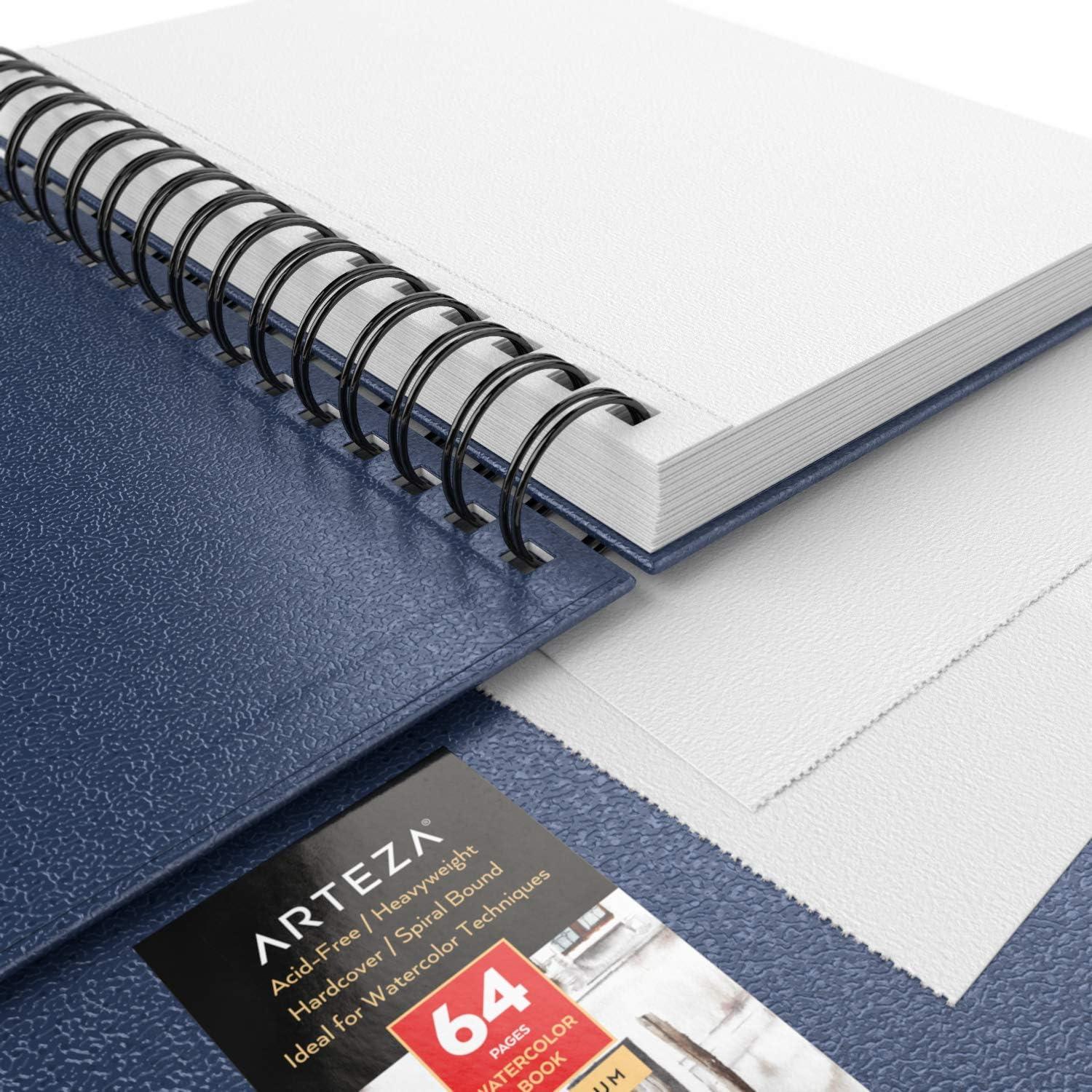 ARTEZA Watercolor Sketchbook 2-Pack, 9×12 Inches – 64 Pages Each, Spiral-Bound 140 lb Cold Press Paper, Gray Hardcover Journal for Mixed Media(Blue)