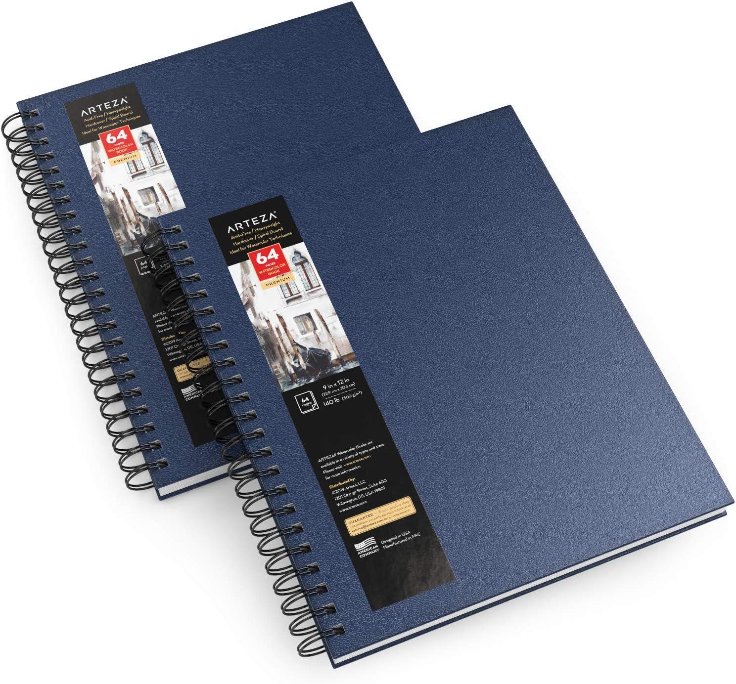 ARTEZA Watercolor Sketchbook 2-Pack, 9×12 Inches – 64 Pages Each, Spiral-Bound 140 lb Cold Press Paper, Gray Hardcover Journal for Mixed Media(Blue)