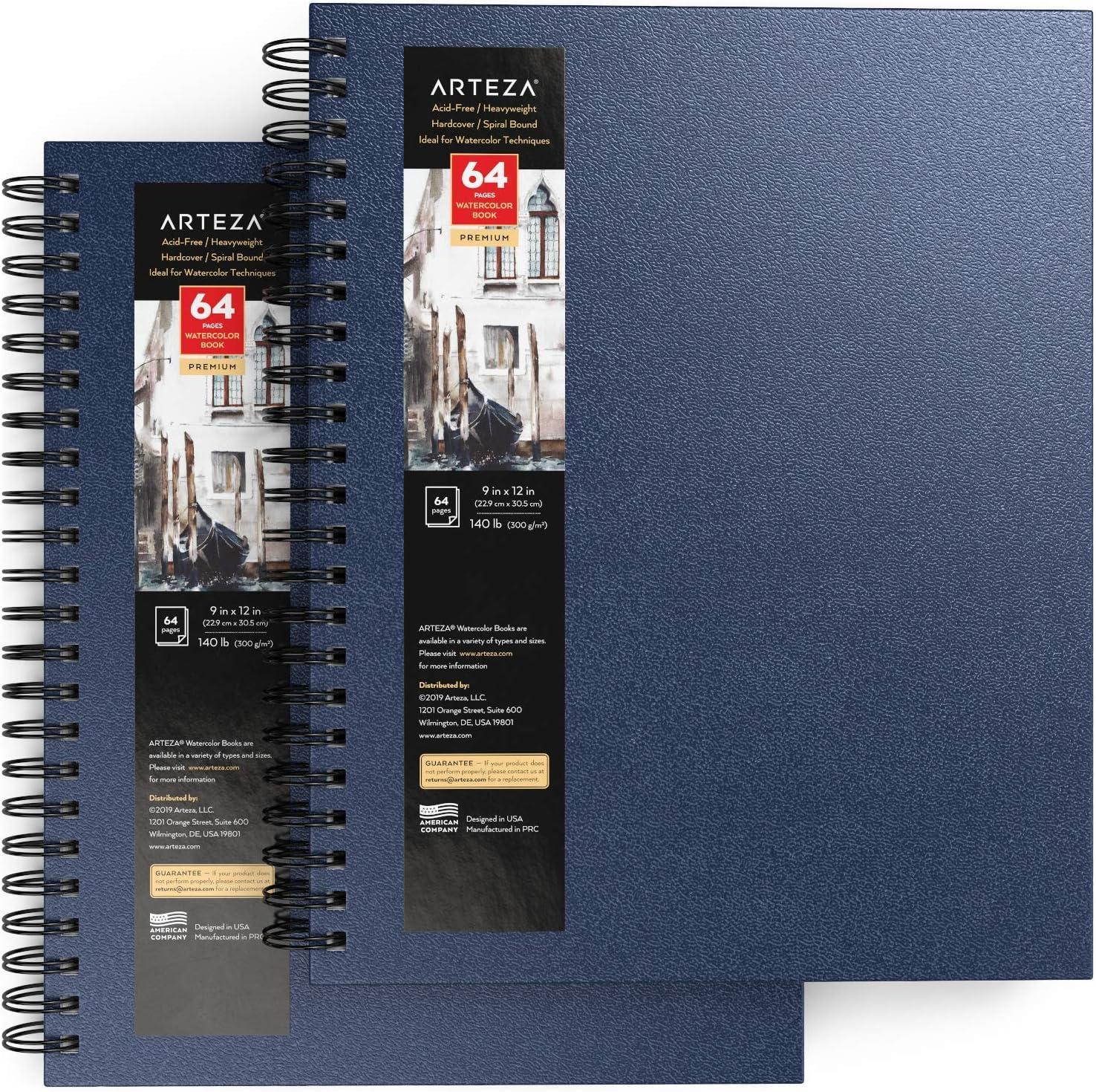 ARTEZA Watercolor Sketchbook 2-Pack, 9×12 Inches – 64 Pages Each, Spiral-Bound 140 lb Cold Press Paper, Gray Hardcover Journal for Mixed Media(Blue)