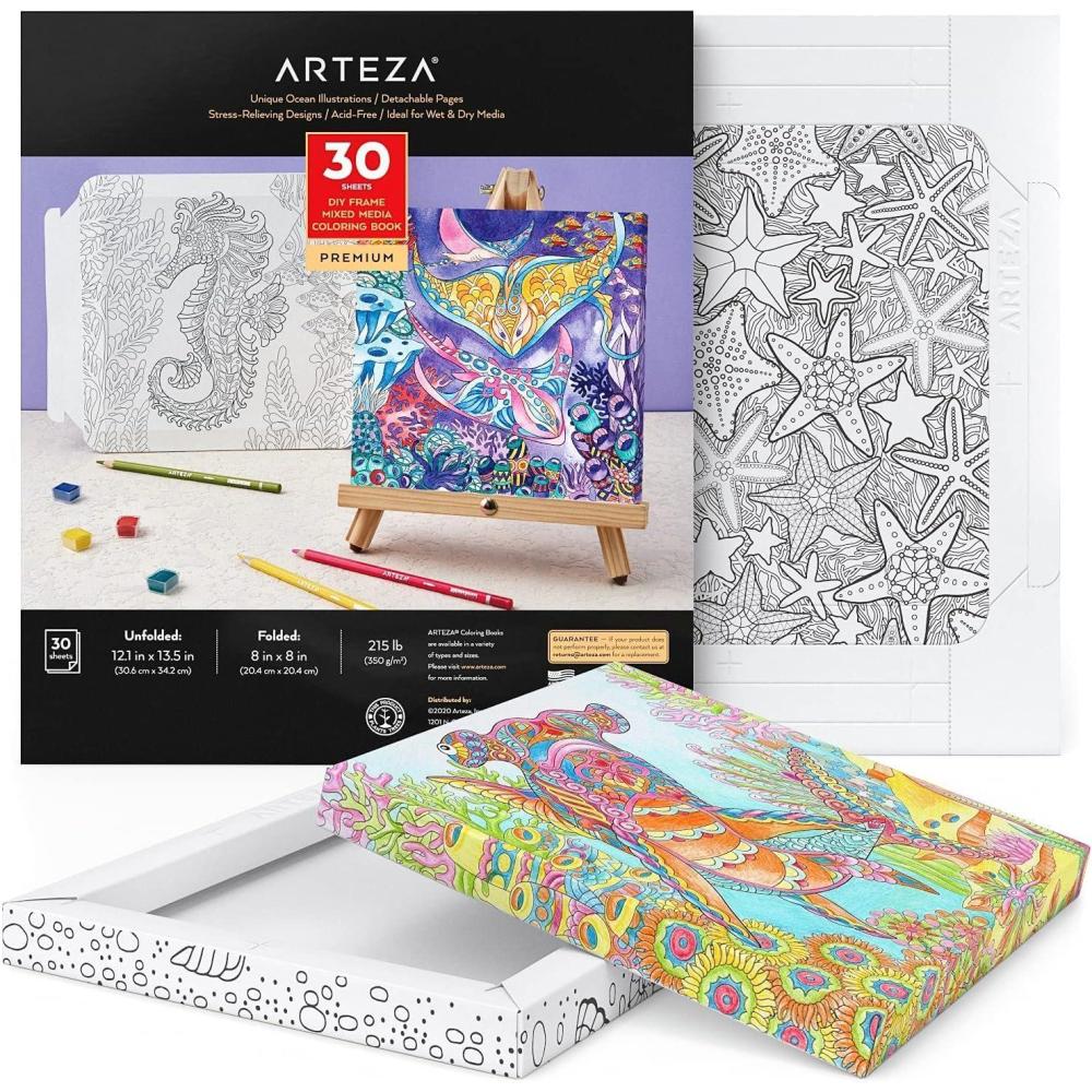 ARTEZA Adult Coloring Book, Ocean Illustrations, 30 Sheets, 12.1×13.5 Inches DIY Coloring Pages Fold into 8×8 Inches Frames, 215 lb Paper(20.4 x 20.4 (Pack of 12))