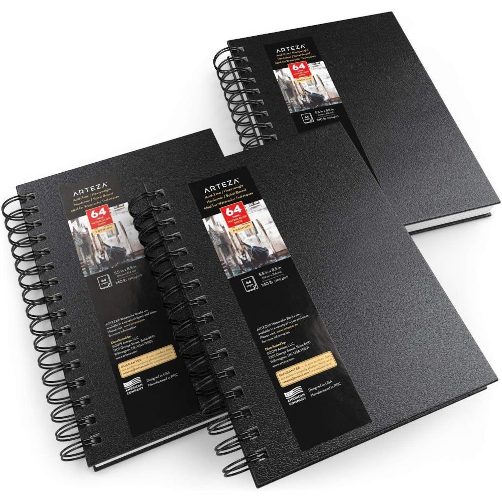 ARTEZA Watercolor Sketchbook 2-Pack, 9×12 Inches – 64 Pages Each, Spiral-Bound 140 lb Cold Press Paper, Gray Hardcover Journal for Mixed Media(Black)