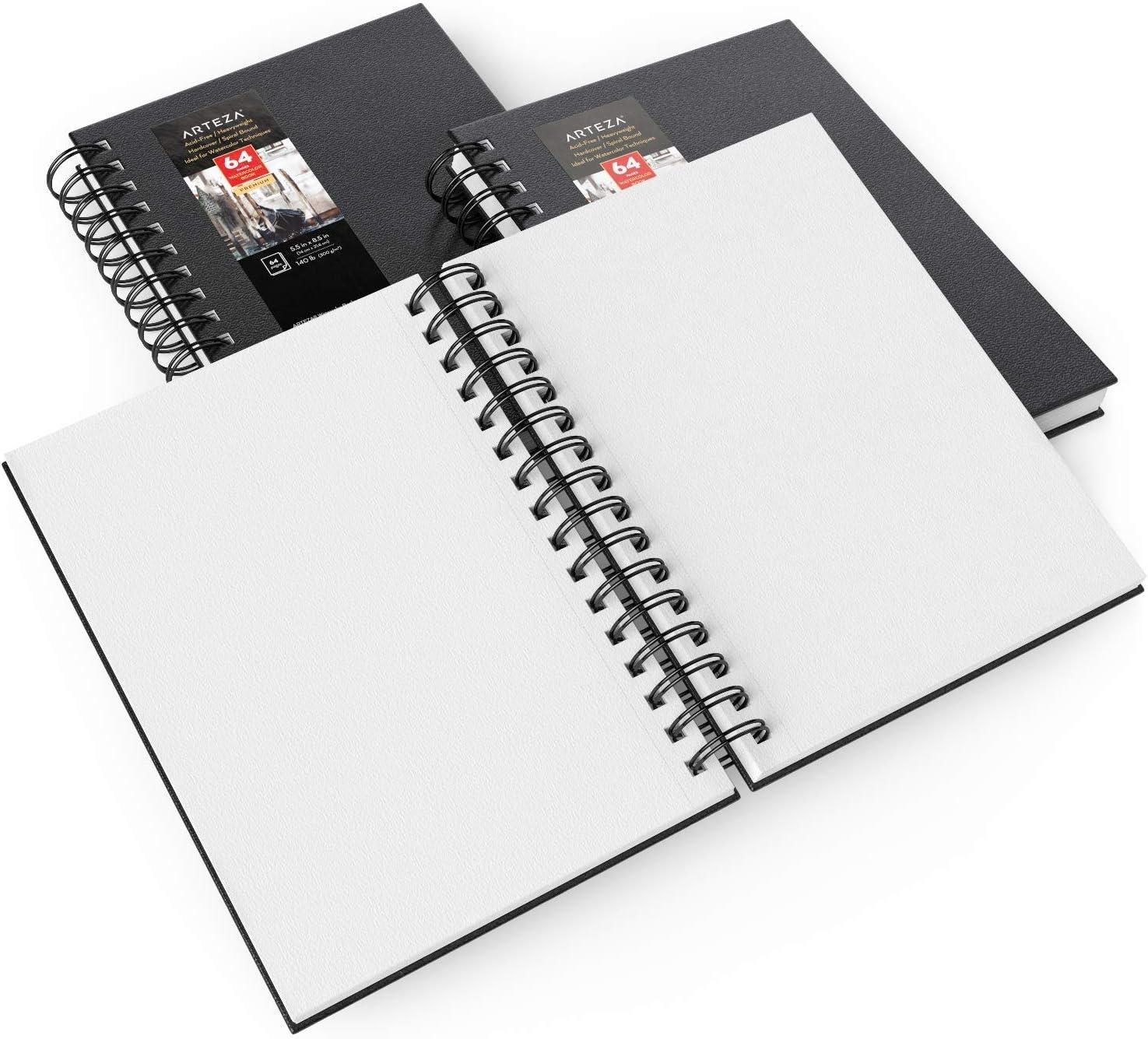 ARTEZA Watercolor Sketchbook 2-Pack, 9×12 Inches – 64 Pages Each, Spiral-Bound 140 lb Cold Press Paper, Gray Hardcover Journal for Mixed Media(Black)