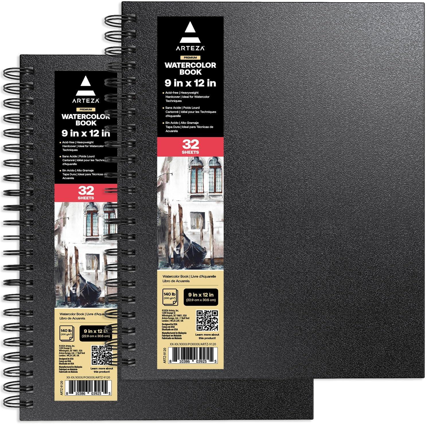 ARTEZA Watercolor Sketchbook 2-Pack, 9×12 Inches – 64 Pages Each, Spiral-Bound 140 lb Cold Press Paper, Gray Hardcover Journal for Mixed Media(Black)