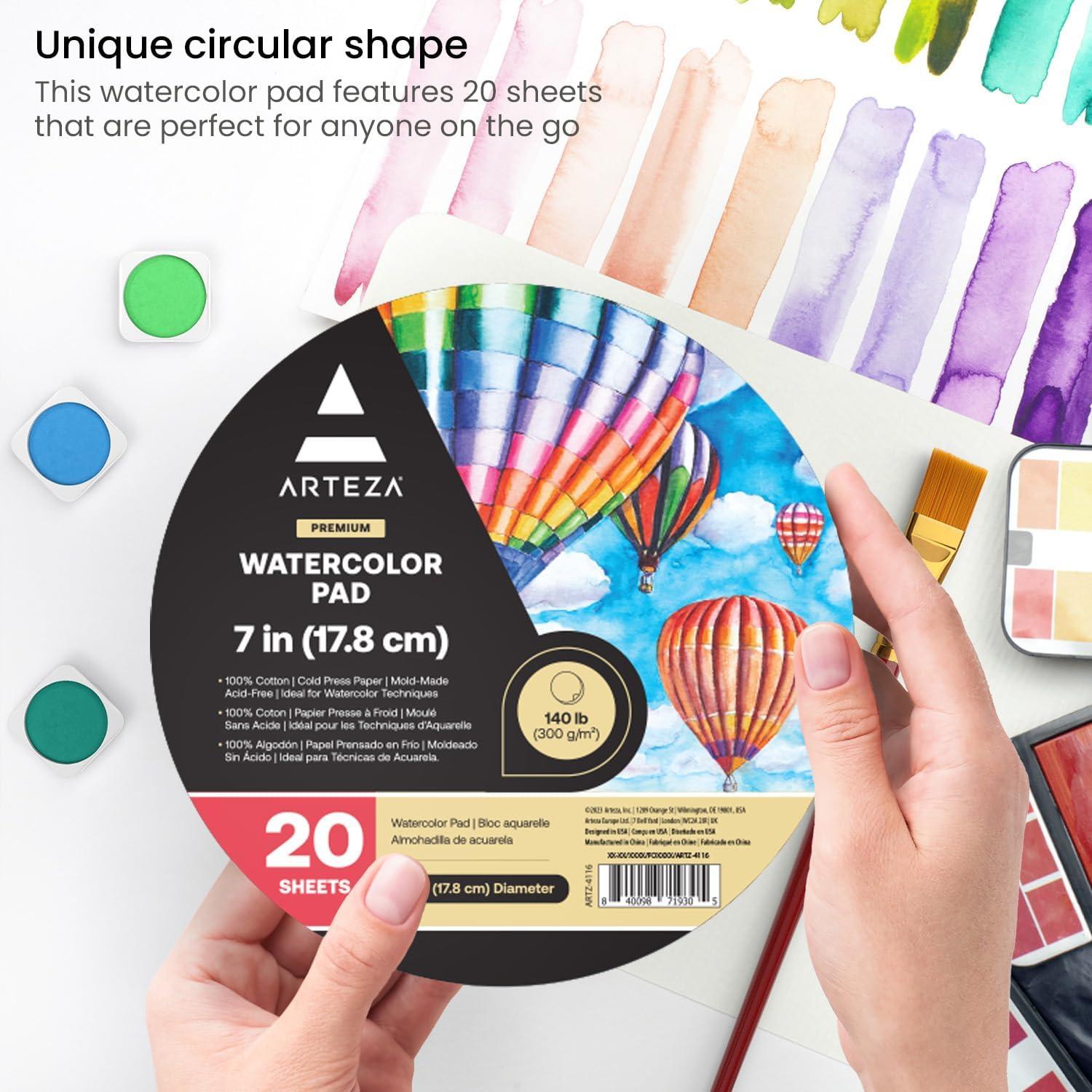 ARTEZA Watercolor Paper, Pack of 2, 32 Sheets Each, 9×12 Inch Watercolor Sketchbook, 140lb/300gsm, Cold Press, Acid Free Art Paper(20 Sheets  7 Inch Round)