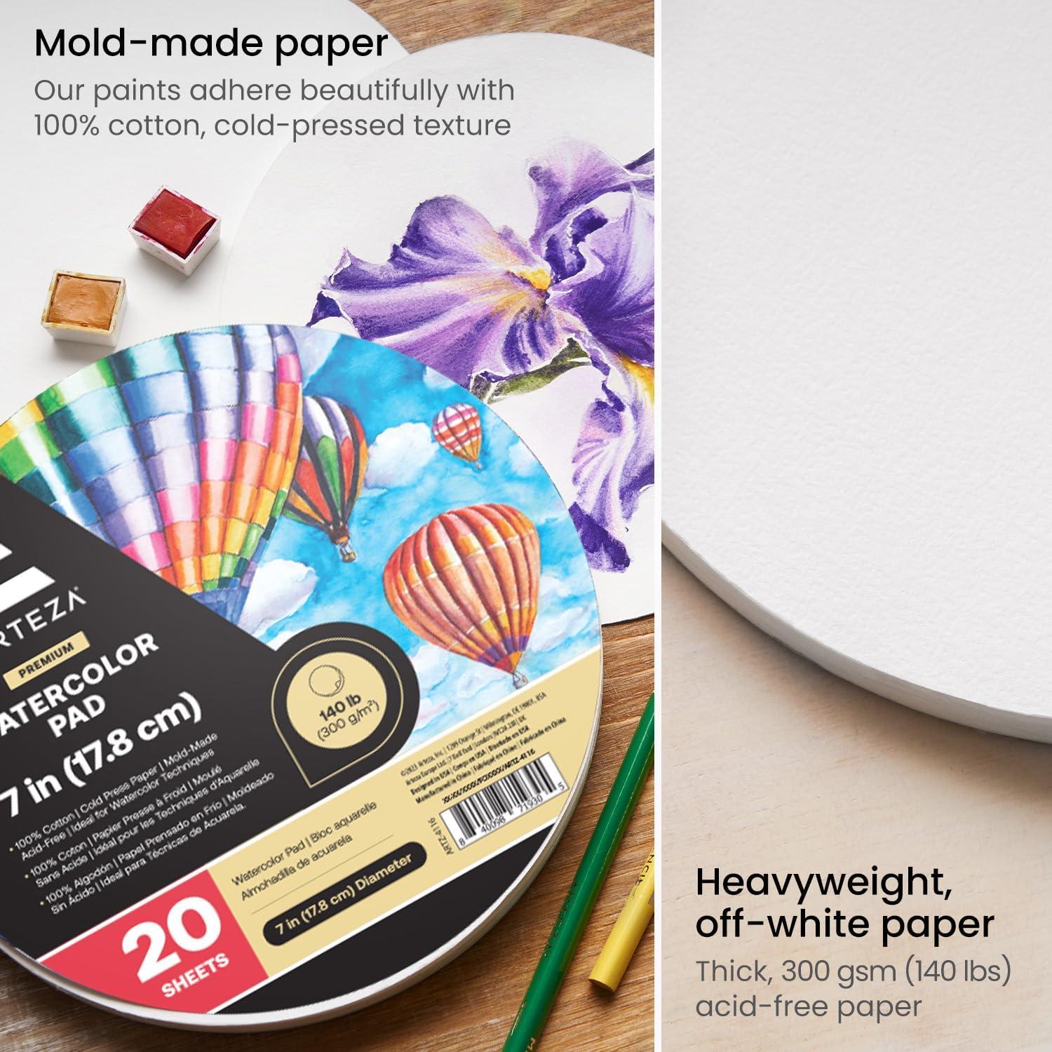 ARTEZA Watercolor Paper, Pack of 2, 32 Sheets Each, 9×12 Inch Watercolor Sketchbook, 140lb/300gsm, Cold Press, Acid Free Art Paper(20 Sheets  7 Inch Round)