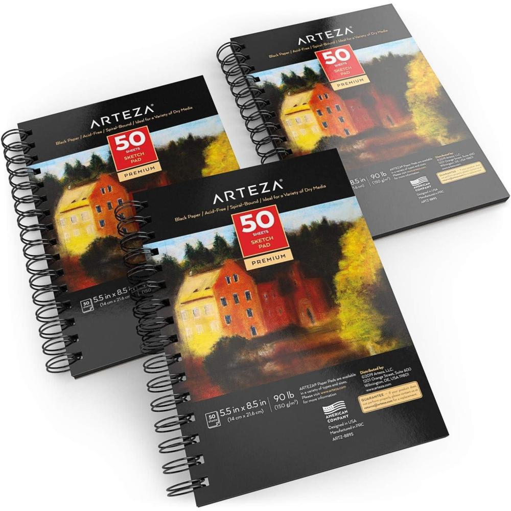 ARTEZA Spiral Sketch Book 5.5×8.5 Black Art Paper Drawing Pad 3 Pack 50 Sheets Sketch Pads for Drawing(5.5×8.5 inch – 3 pack)
