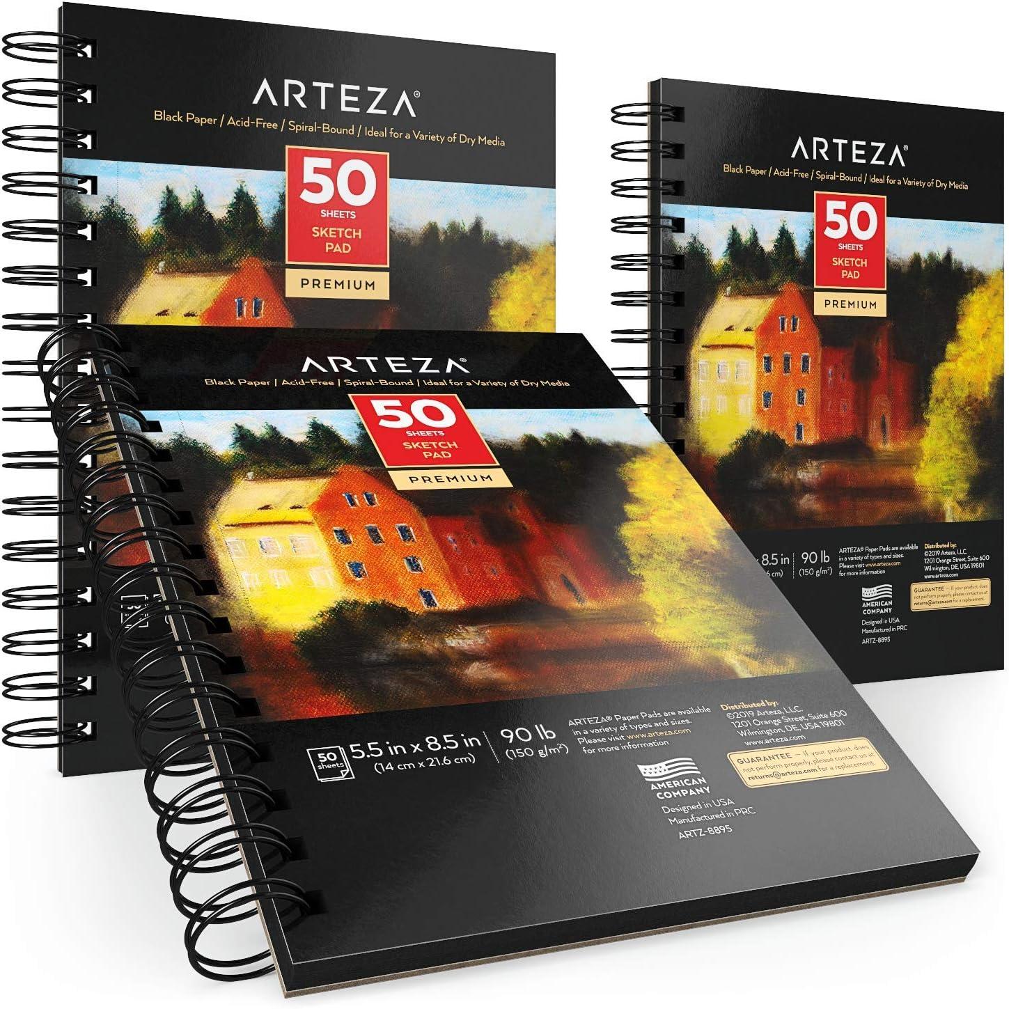 ARTEZA Spiral Sketch Book 5.5×8.5 Black Art Paper Drawing Pad 3 Pack 50 Sheets Sketch Pads for Drawing(5.5×8.5 inch – 3 pack)
