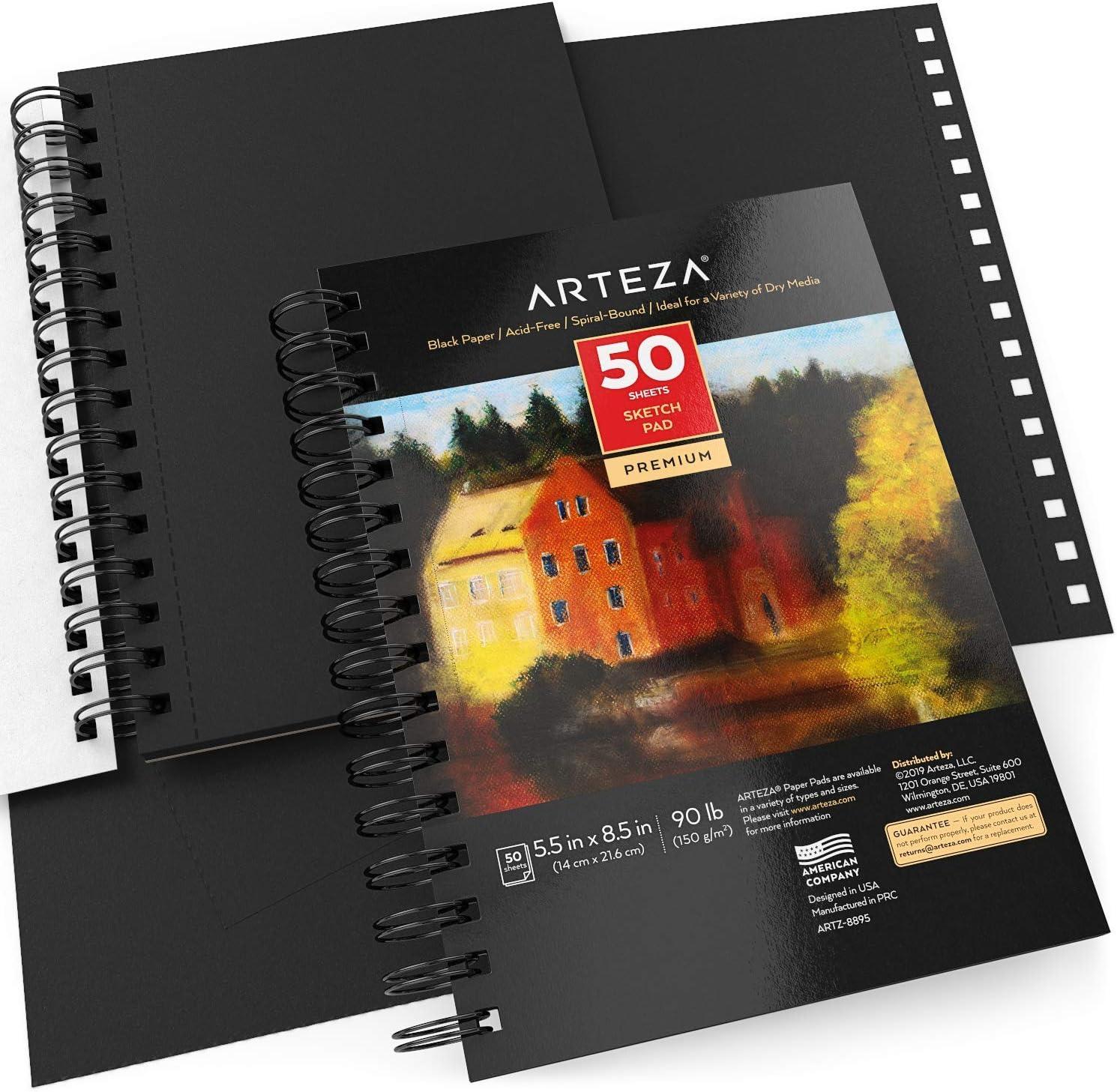 ARTEZA Spiral Sketch Book 5.5×8.5 Black Art Paper Drawing Pad 3 Pack 50 Sheets Sketch Pads for Drawing(5.5×8.5 inch – 3 pack)