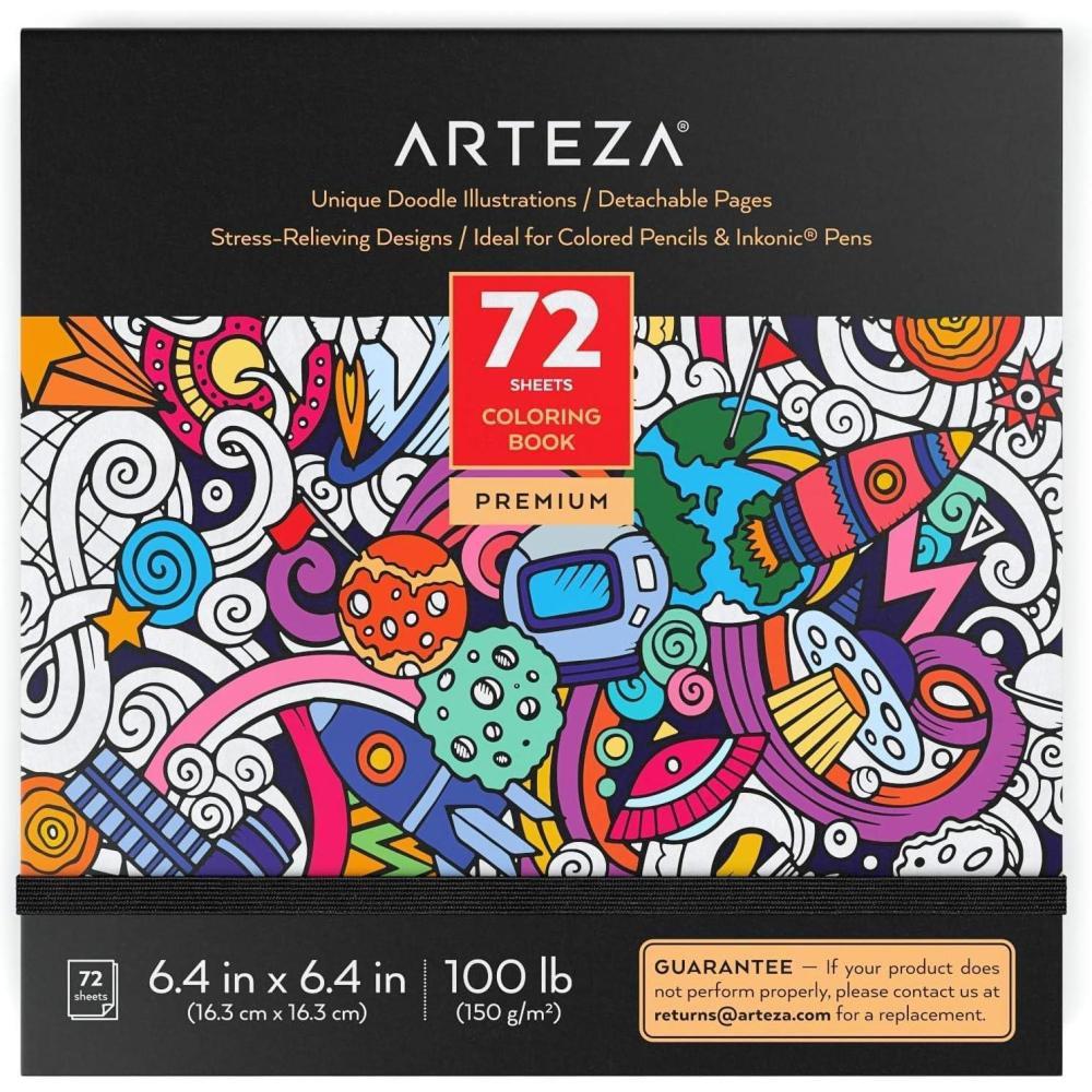 ARTEZA Adult Coloring Book, Doodle Designs, 72 Sheets, 6.4×6.4 Inches Coloring Pages, 100 lb Paper