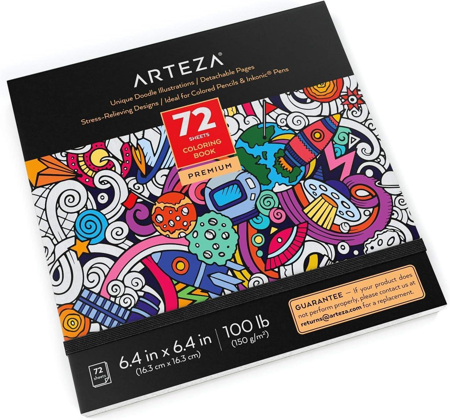ARTEZA Adult Coloring Book, Doodle Designs, 72 Sheets, 6.4×6.4 Inches Coloring Pages, 100 lb Paper