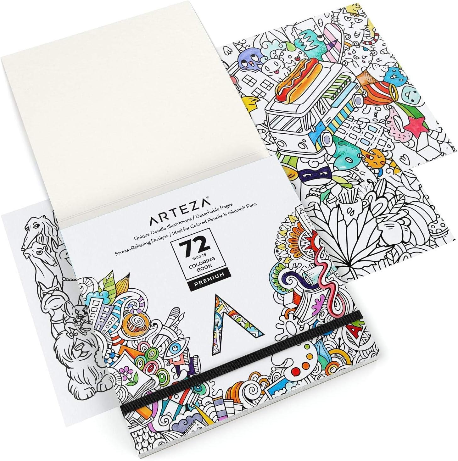ARTEZA Adult Coloring Book, Doodle Designs, 72 Sheets, 6.4×6.4 Inches Coloring Pages, 100 lb Paper