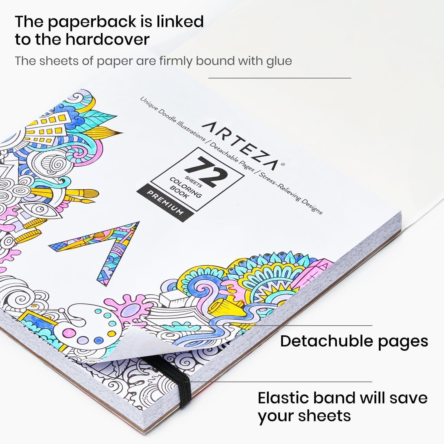 ARTEZA Adult Coloring Book, Doodle Designs, 72 Sheets, 6.4×6.4 Inches Coloring Pages, 100 lb Paper