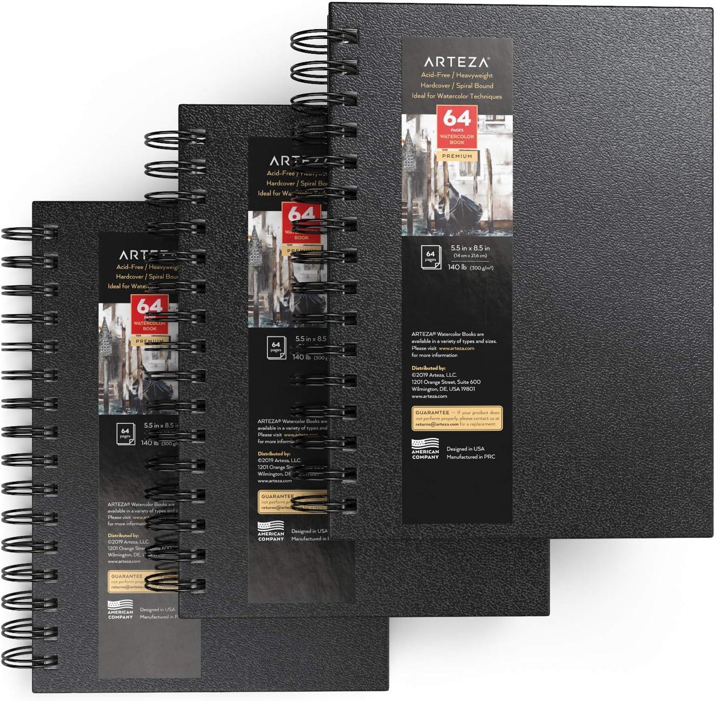 ARTEZA Watercolor Sketchbook, 2-Pack, 64 Pages Each, 9 x 12 Inches, Brown Hardcover, 140-Pound Spiral-Bound Paper(Black)
