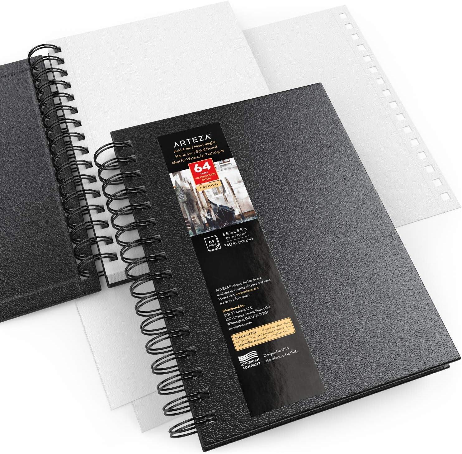 ARTEZA Watercolor Sketchbook, 2-Pack, 64 Pages Each, 9 x 12 Inches, Brown Hardcover, 140-Pound Spiral-Bound Paper(Black)
