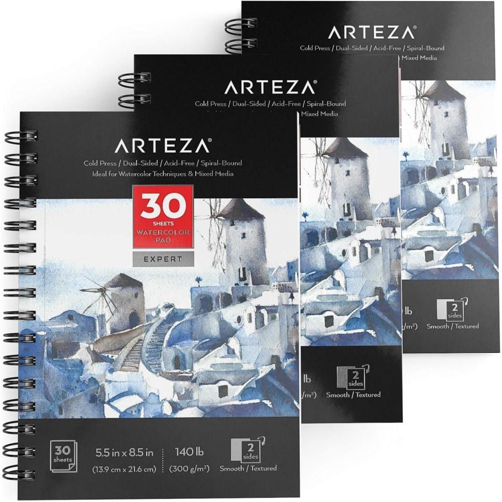 ARTEZA Watercolor Paper, Pack of 3, 30 Sheets Each, 5.5×8.5 Inches Water Pad, Spiral Bound, 140lb/300gsm Cold Press, Acid Free Art Paper(White Expert)