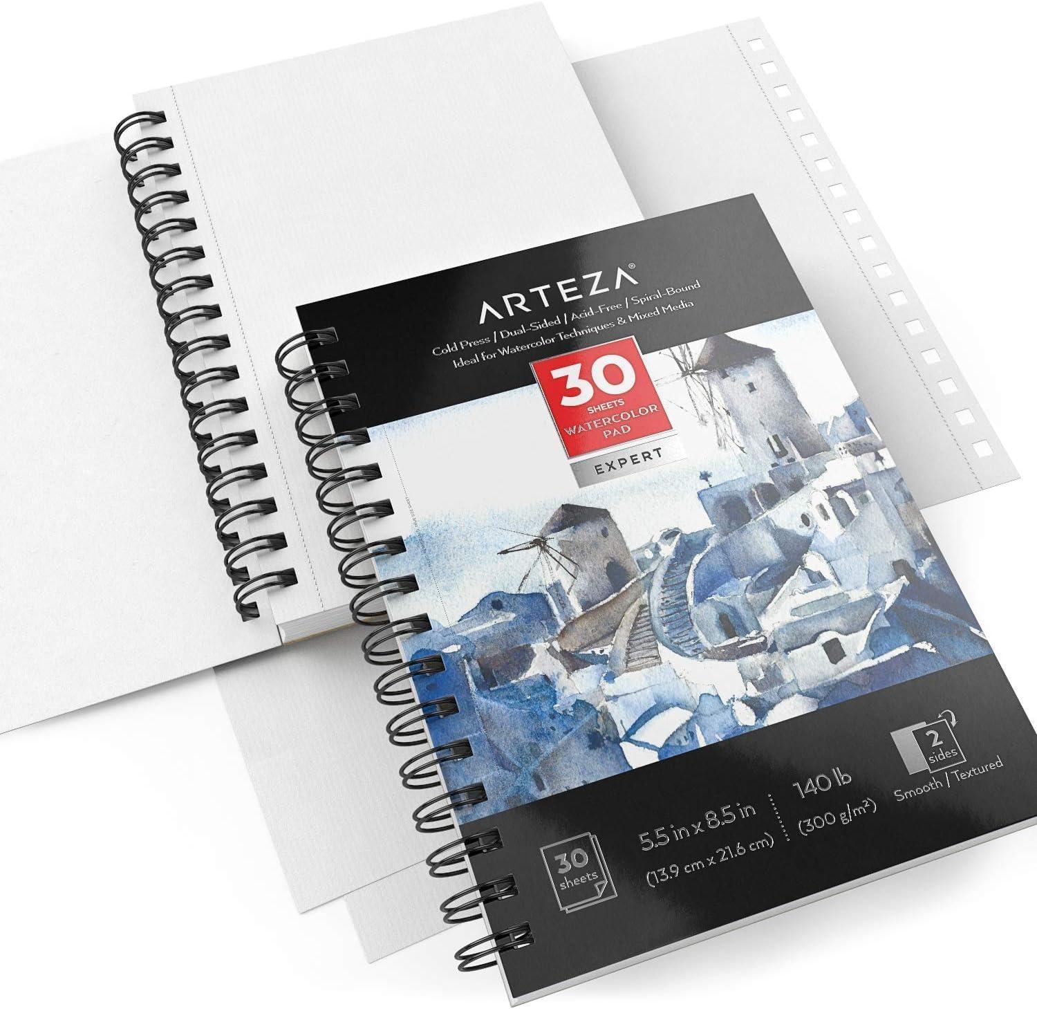 ARTEZA Watercolor Paper, Pack of 3, 30 Sheets Each, 5.5×8.5 Inches Water Pad, Spiral Bound, 140lb/300gsm Cold Press, Acid Free Art Paper(White Expert)