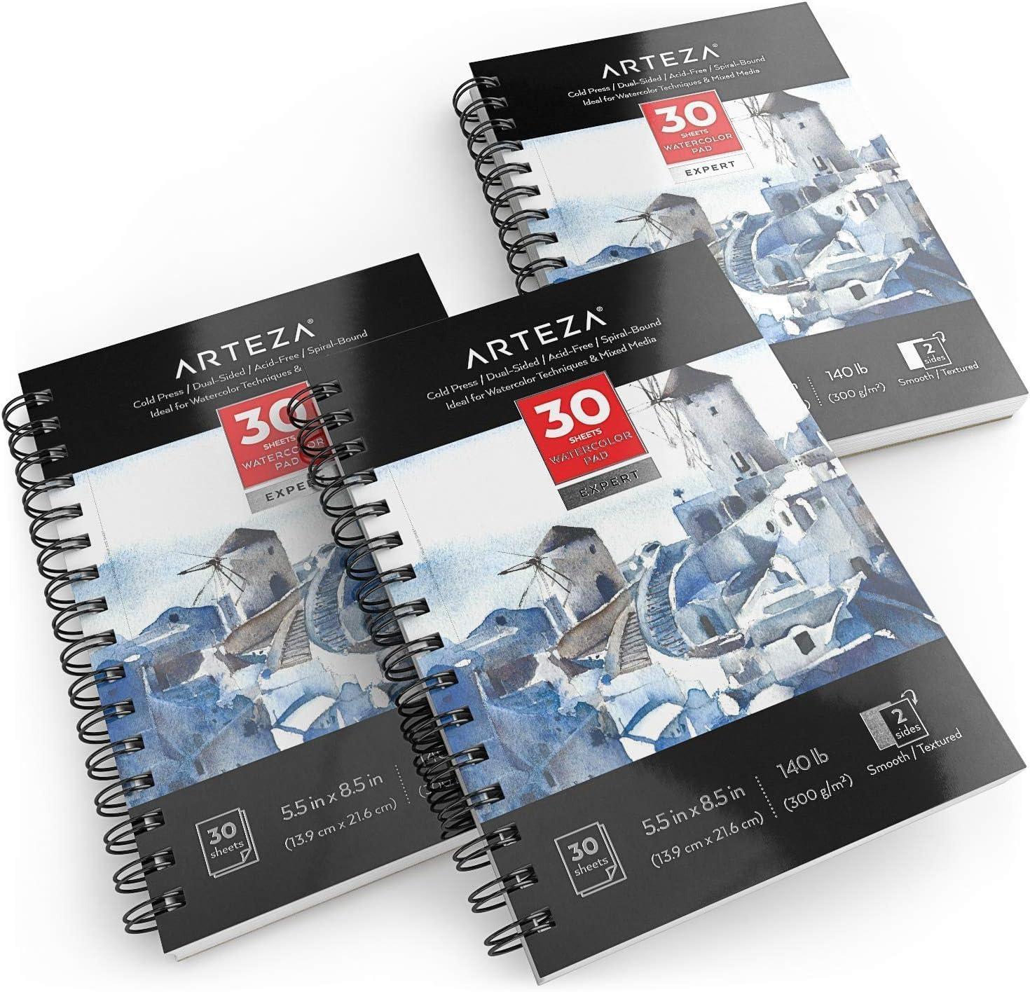 ARTEZA Watercolor Paper, Pack of 3, 30 Sheets Each, 5.5×8.5 Inches Water Pad, Spiral Bound, 140lb/300gsm Cold Press, Acid Free Art Paper(White Expert)