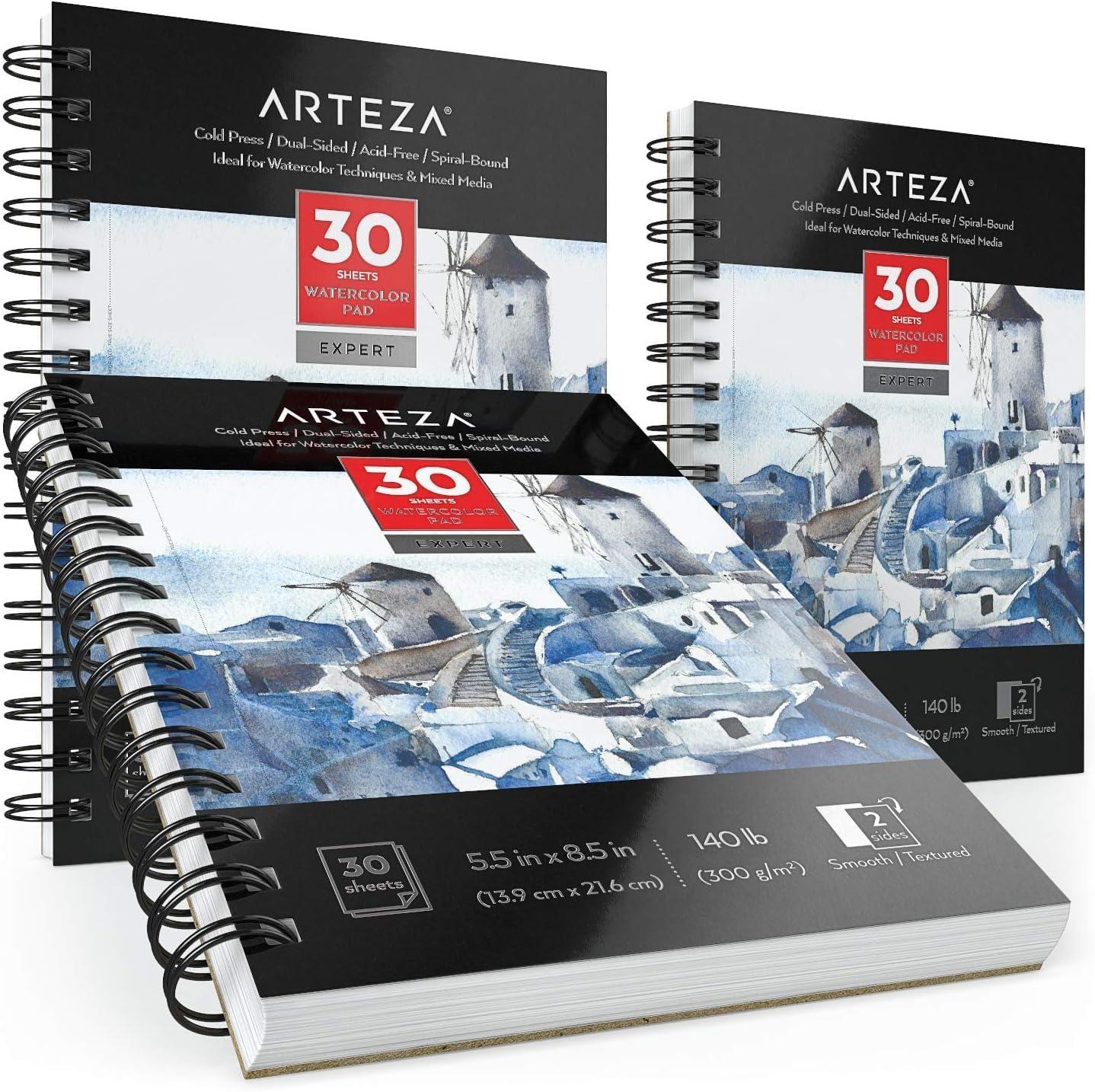 ARTEZA Watercolor Paper, Pack of 3, 30 Sheets Each, 5.5×8.5 Inches Water Pad, Spiral Bound, 140lb/300gsm Cold Press, Acid Free Art Paper(White Expert)