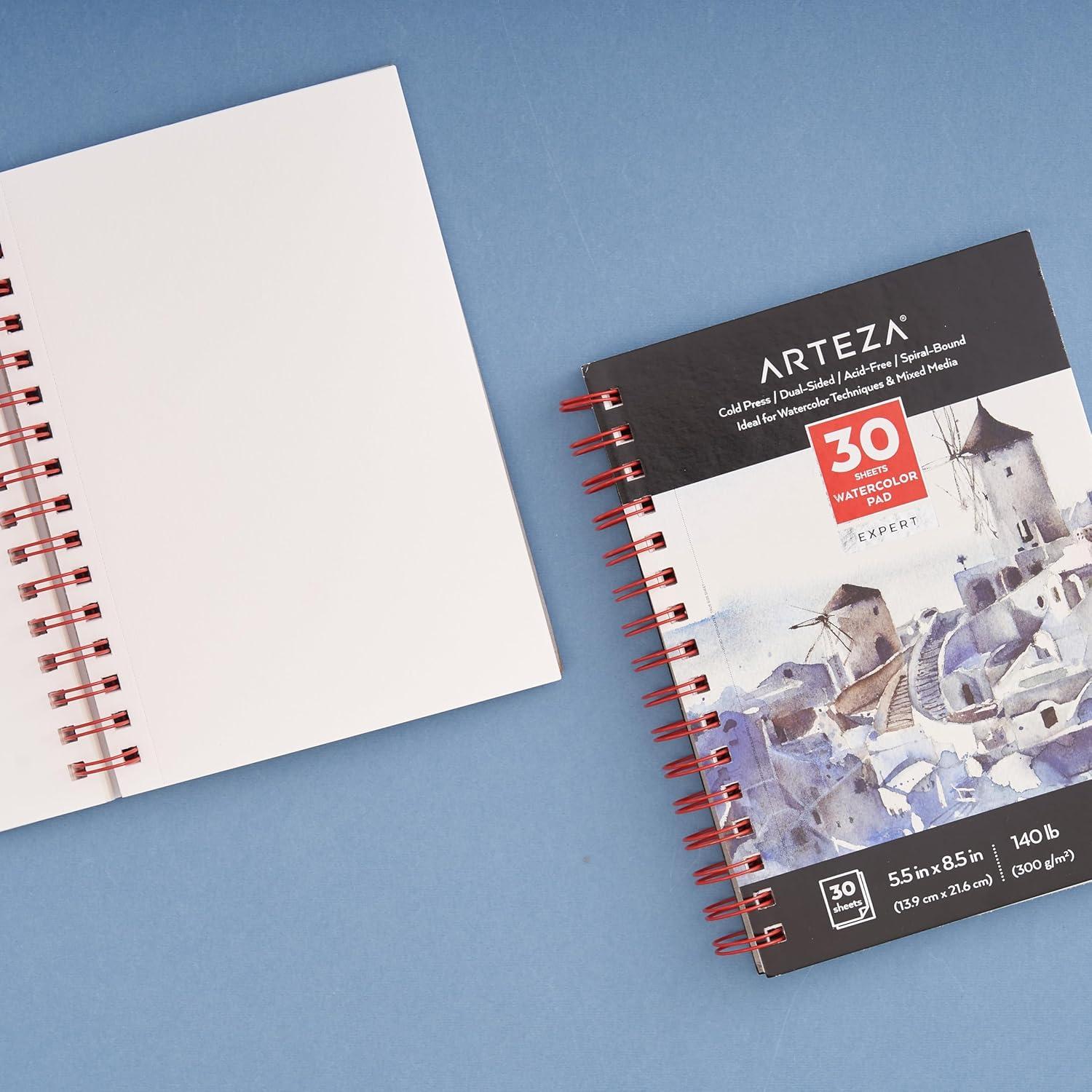 ARTEZA Watercolor Paper, Pack of 3, 30 Sheets Each, 5.5×8.5 Inches Water Pad, Spiral Bound, 140lb/300gsm Cold Press, Acid Free Art Paper(White Expert)