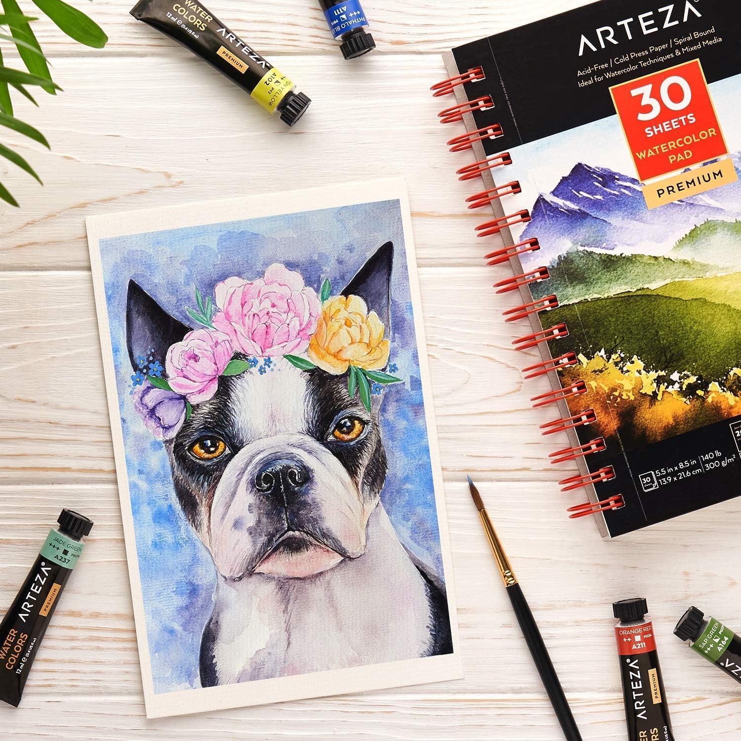 ARTEZA Watercolor Paper, Pack of 3, 30 Sheets Each, 5.5×8.5 Inches Water Pad, Spiral Bound, 140lb/300gsm Cold Press, Acid Free Art Paper(White)