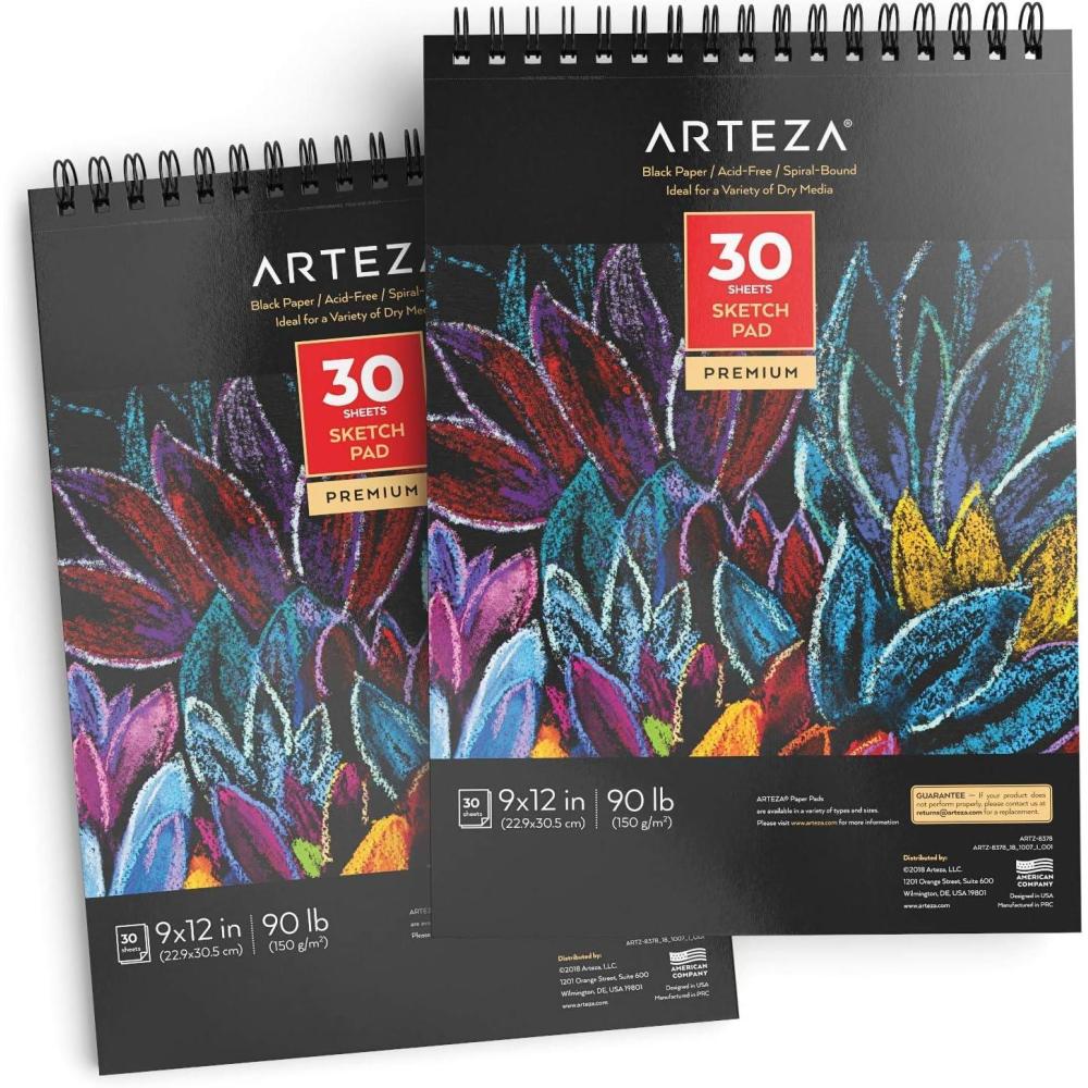 ARTEZA Spiral Sketch Book 9×12 Black Art Paper Drawing Pad 2 Pack 30 Sheets Sketch Pads for Drawing(2 Pack)