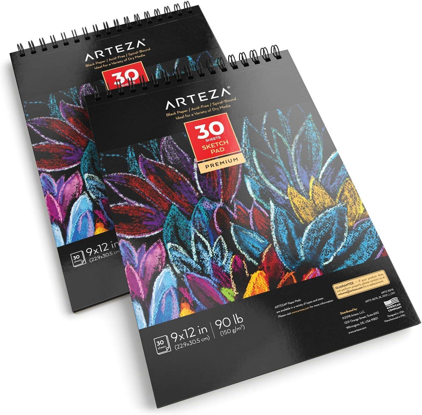ARTEZA Spiral Sketch Book 9×12 Black Art Paper Drawing Pad 2 Pack 30 Sheets Sketch Pads for Drawing(2 Pack)