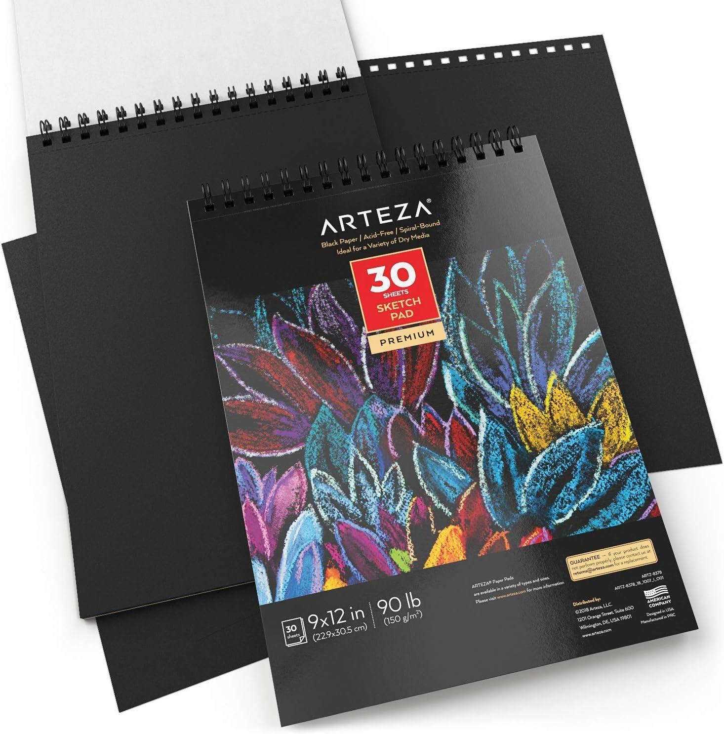 ARTEZA Spiral Sketch Book 9×12 Black Art Paper Drawing Pad 2 Pack 30 Sheets Sketch Pads for Drawing(2 Pack)