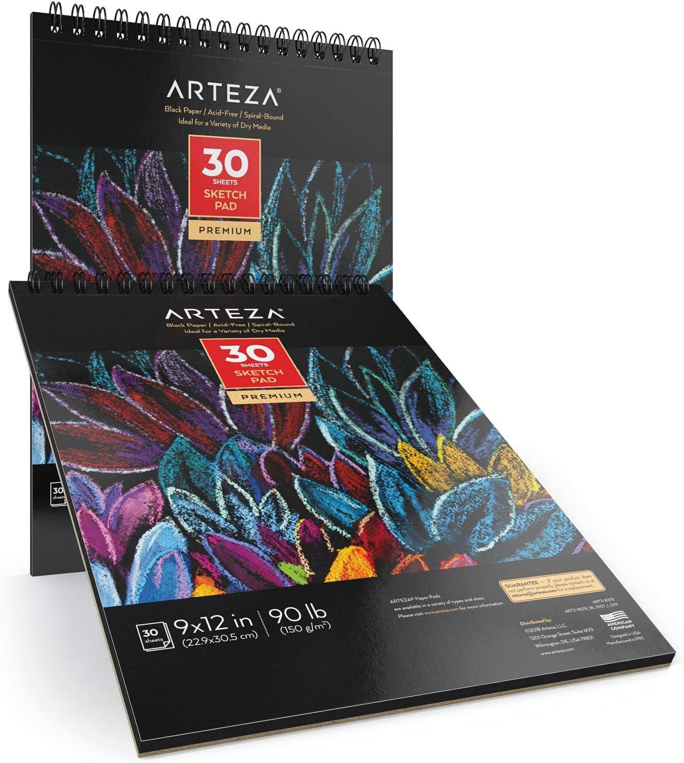 ARTEZA Spiral Sketch Book 9×12 Black Art Paper Drawing Pad 2 Pack 30 Sheets Sketch Pads for Drawing(2 Pack)