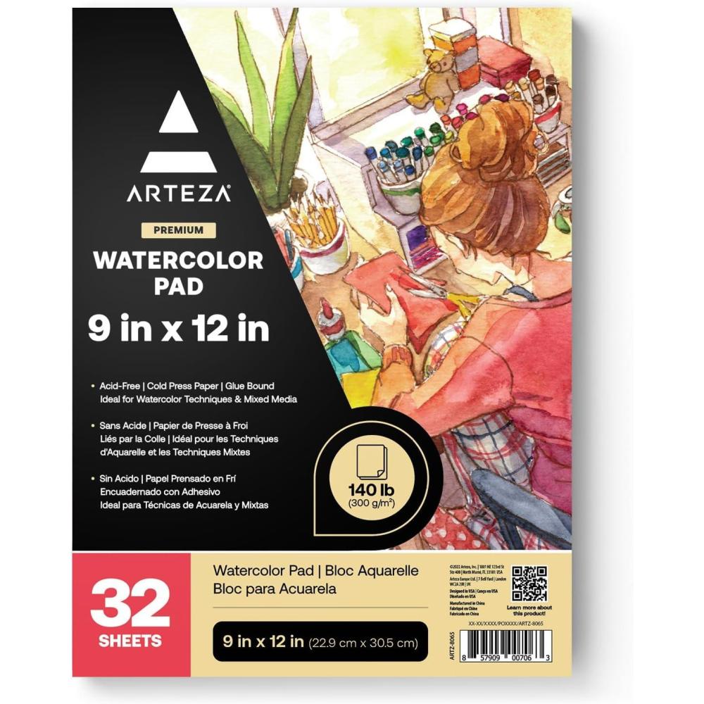 ARTEZA Watercolor Paper, Pack of 2, 32 Sheets Each, 9×12 Inch Watercolor Sketchbook, 140lb/300gsm, Cold Press, Acid Free Art Paper(32 Sheets  9×12 Inch)