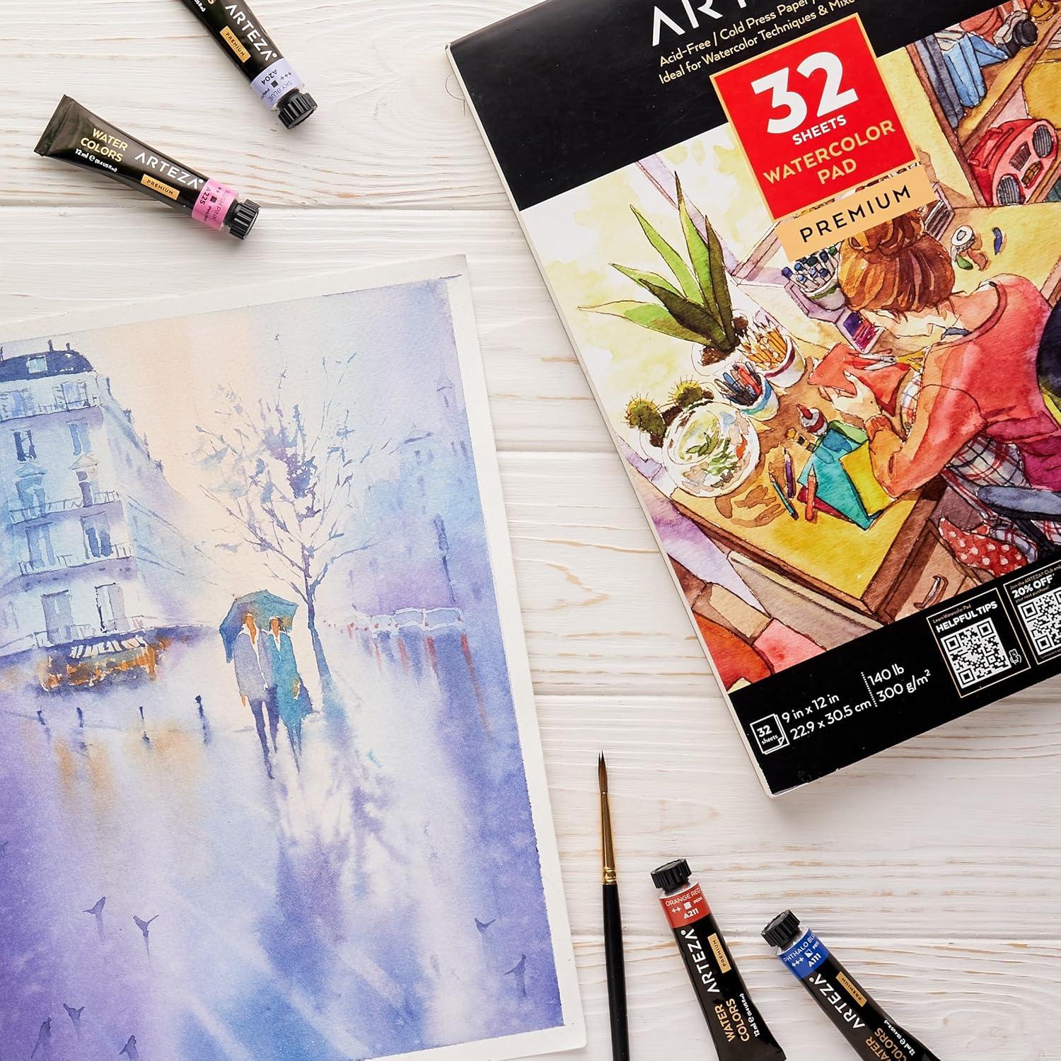 ARTEZA Watercolor Paper, Pack of 2, 32 Sheets Each, 9×12 Inch Watercolor Sketchbook, 140lb/300gsm, Cold Press, Acid Free Art Paper(32 Sheets  9×12 Inch)