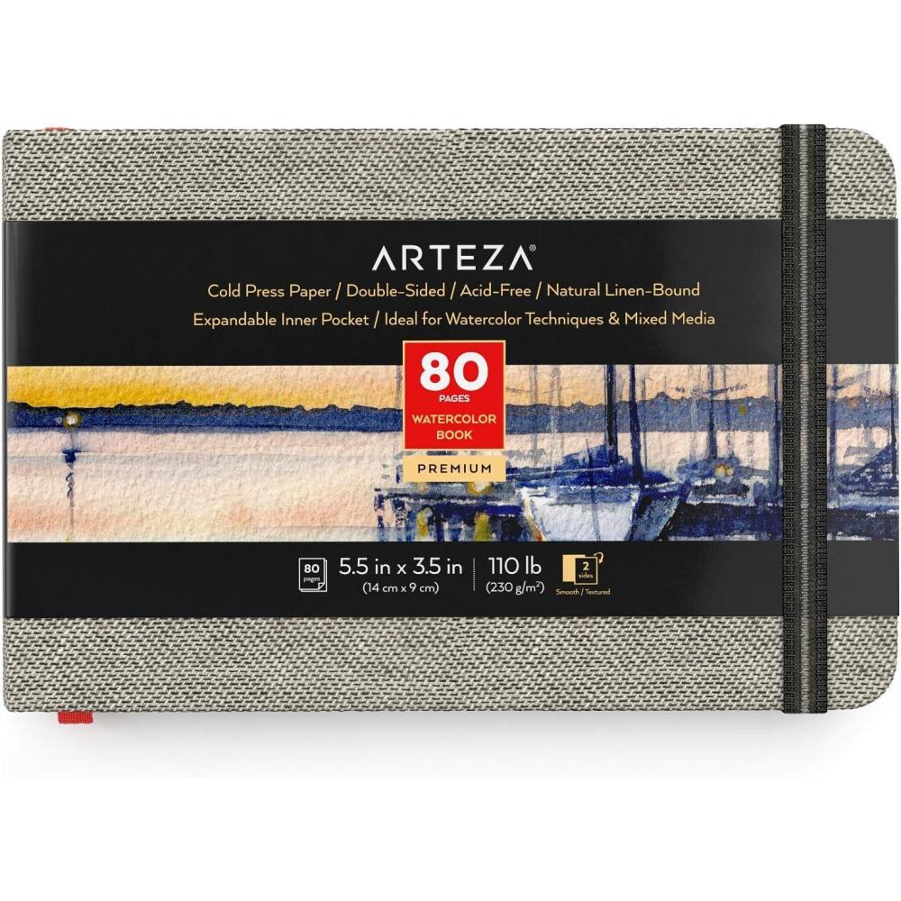 ARTEZA Watercolor Book, Pack of 3, 80 Pages Each, 3.5×5.5 Inch Watercolor Notebook, 110lb/230gsm Water Color Paper(Pack 1)