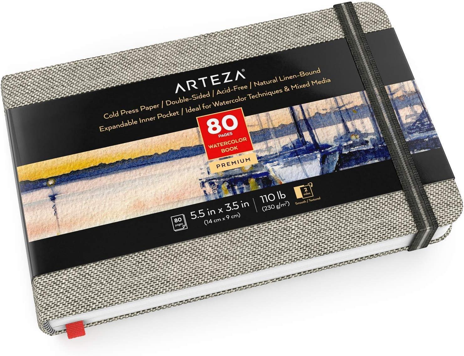 ARTEZA Watercolor Book, Pack of 3, 80 Pages Each, 3.5×5.5 Inch Watercolor Notebook, 110lb/230gsm Water Color Paper(Pack 1)