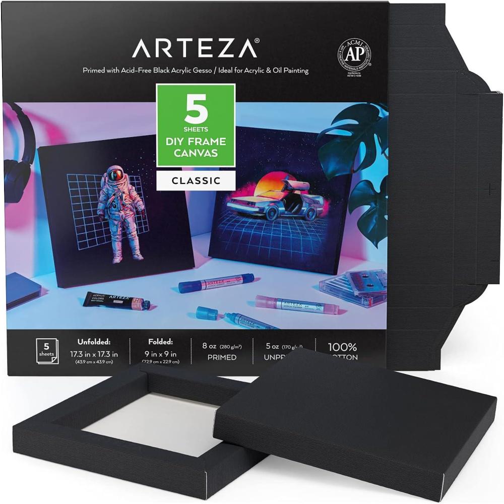 ARTEZA DIY Frame Canvases for Painting, 5 Sheets, 8.5×11 Inches, Black(9 x 9 inches)