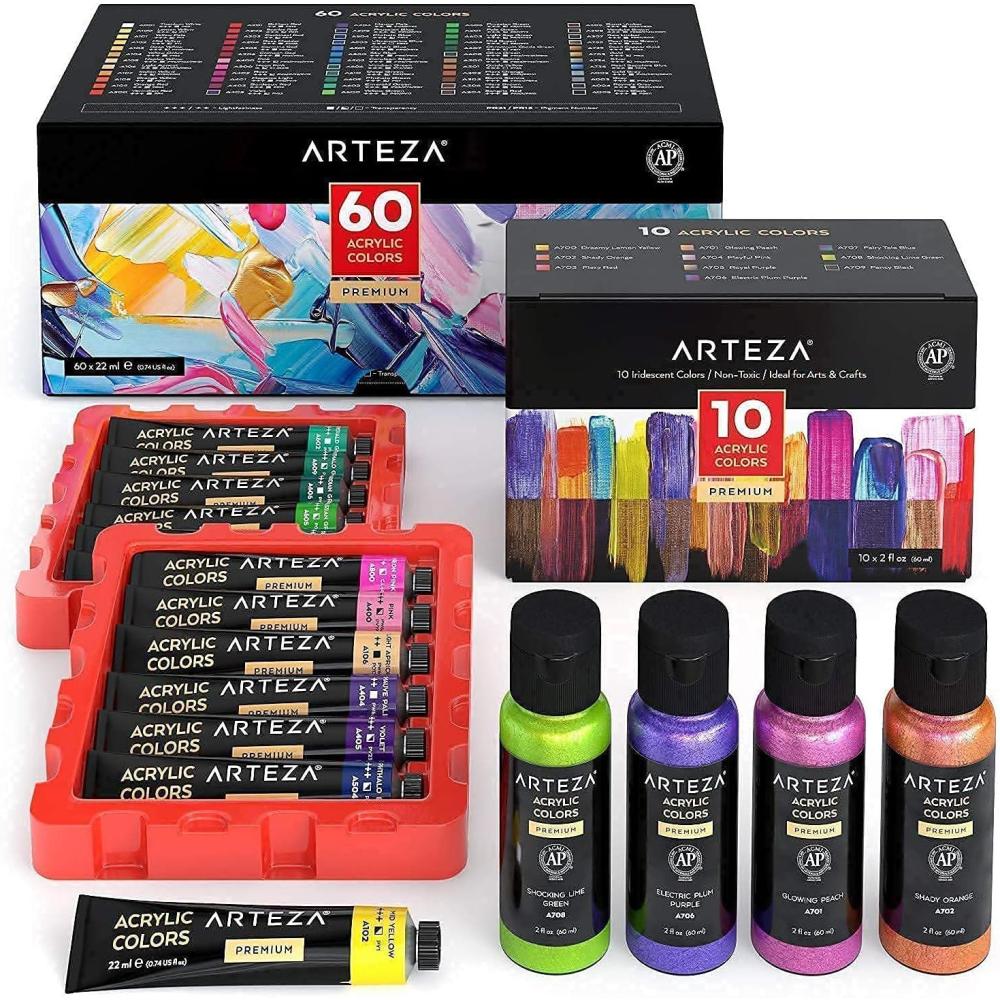 ARTEZA Iridescent Acrylic Paint Set of 10 and Acrylic Paint Set of 60 Bundle, Painting Art Supplies for Artist, Hobby Painters & Beginners