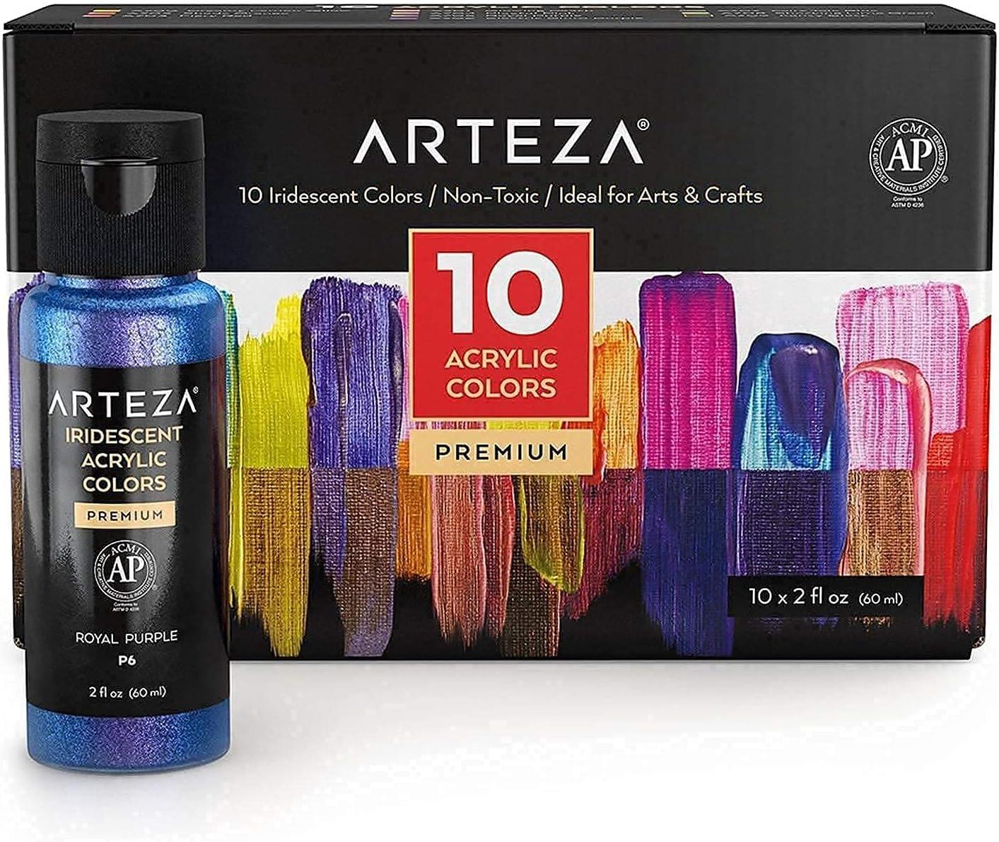 ARTEZA Iridescent Acrylic Paint Set of 10 and Acrylic Paint Set of 60 Bundle, Painting Art Supplies for Artist, Hobby Painters & Beginners