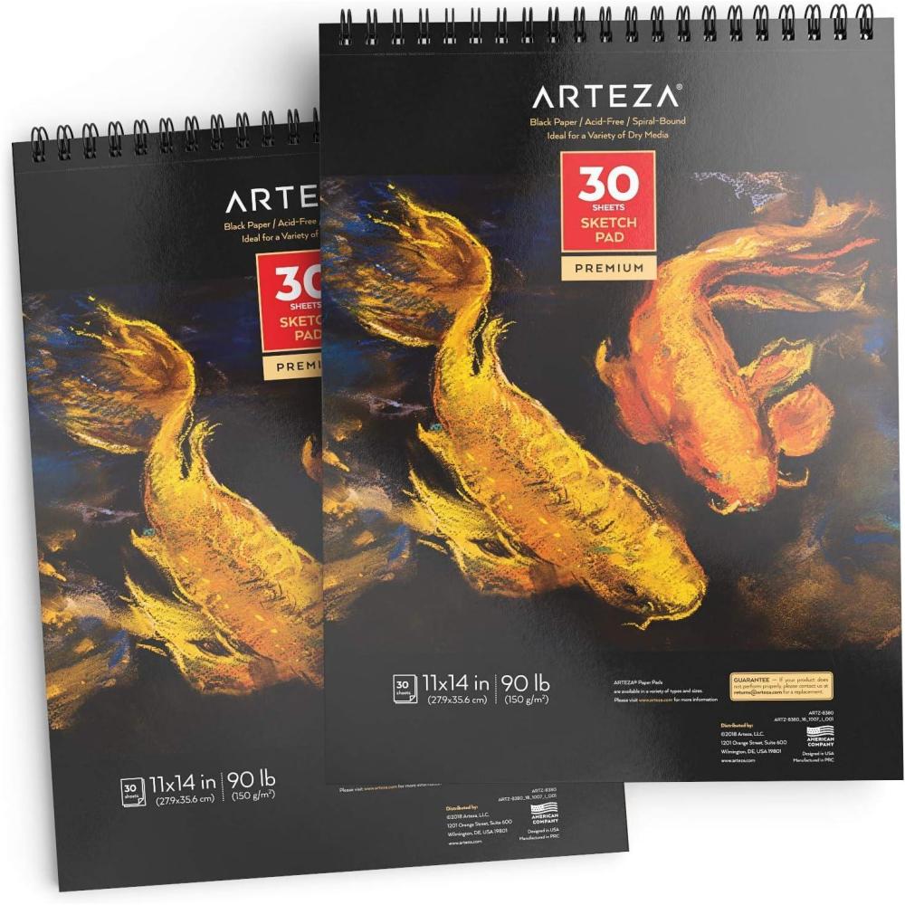 ARTEZA Spiral Sketch Book 11×14 Black Art Paper Drawing Pad 2 Pack 30 Sheets Sketch Pads for Drawing