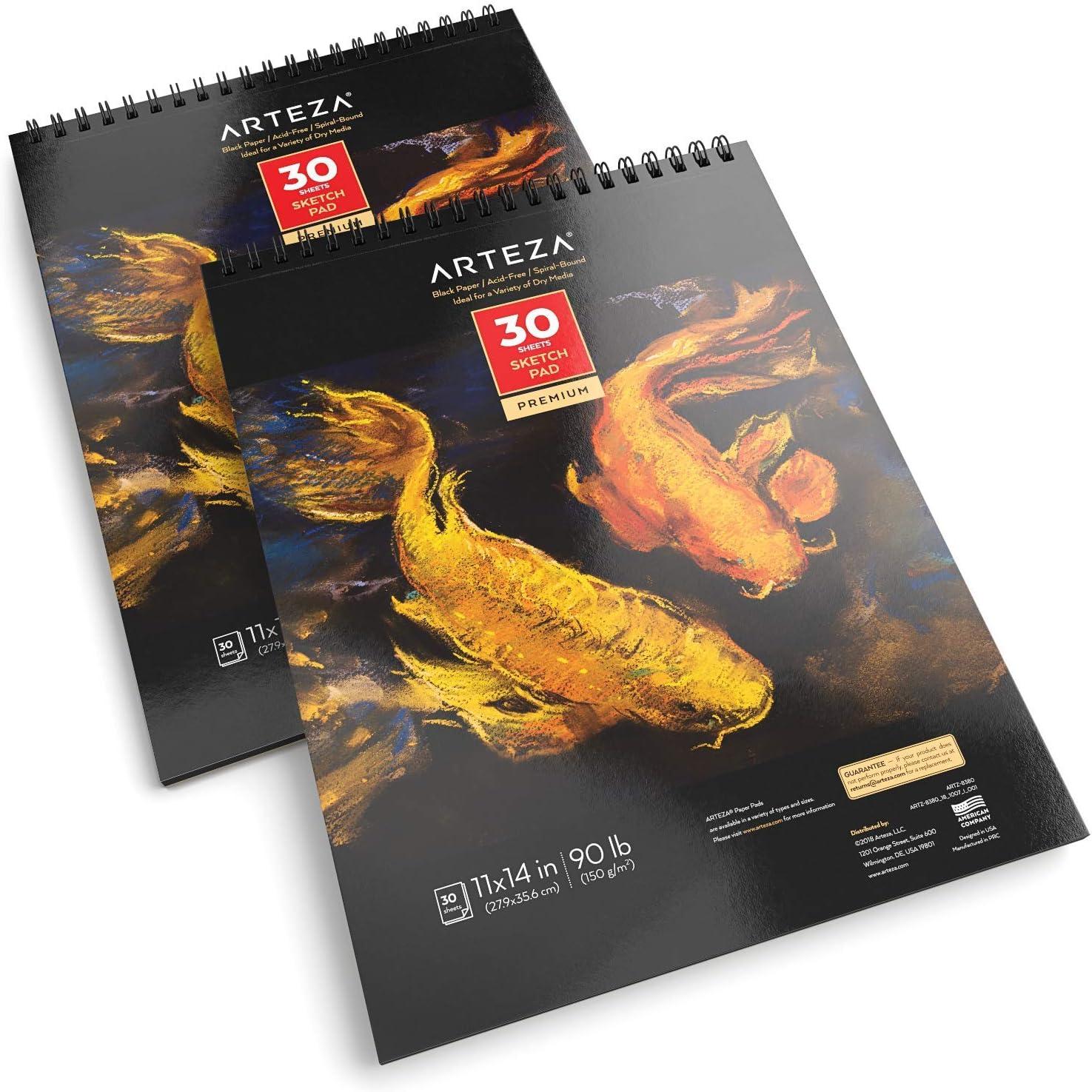 ARTEZA Spiral Sketch Book 11×14 Black Art Paper Drawing Pad 2 Pack 30 Sheets Sketch Pads for Drawing