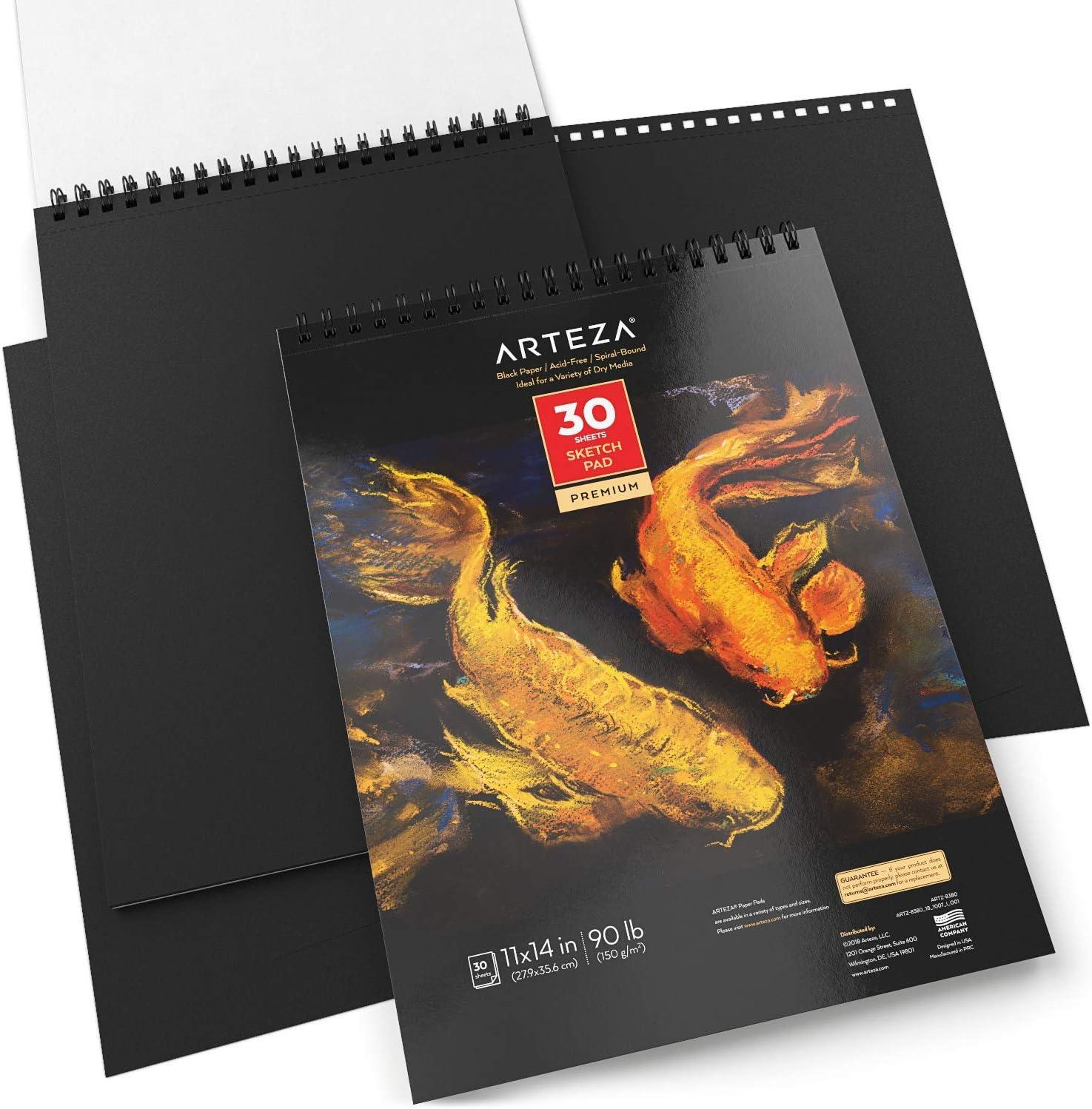 ARTEZA Spiral Sketch Book 11×14 Black Art Paper Drawing Pad 2 Pack 30 Sheets Sketch Pads for Drawing