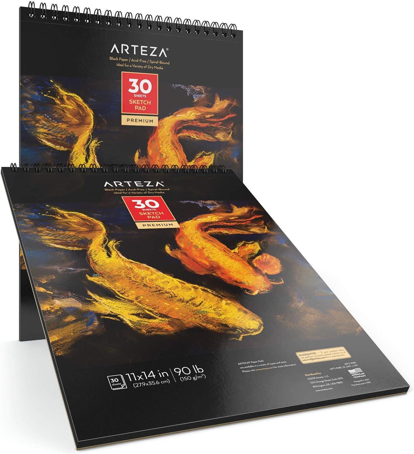 ARTEZA Spiral Sketch Book 11×14 Black Art Paper Drawing Pad 2 Pack 30 Sheets Sketch Pads for Drawing