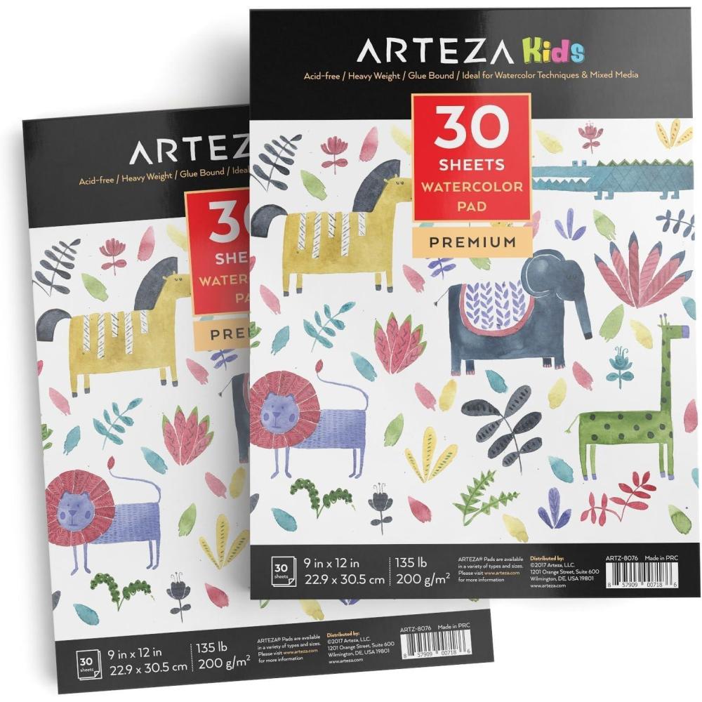 ARTEZA Watercolor Paper for Kids, 2 Pack, 30 Sheets Each, 9×12 Inches Water Pad, 135lb/200gsm, Glue Bound, Acid Free Kids Paper(60 Sheets)