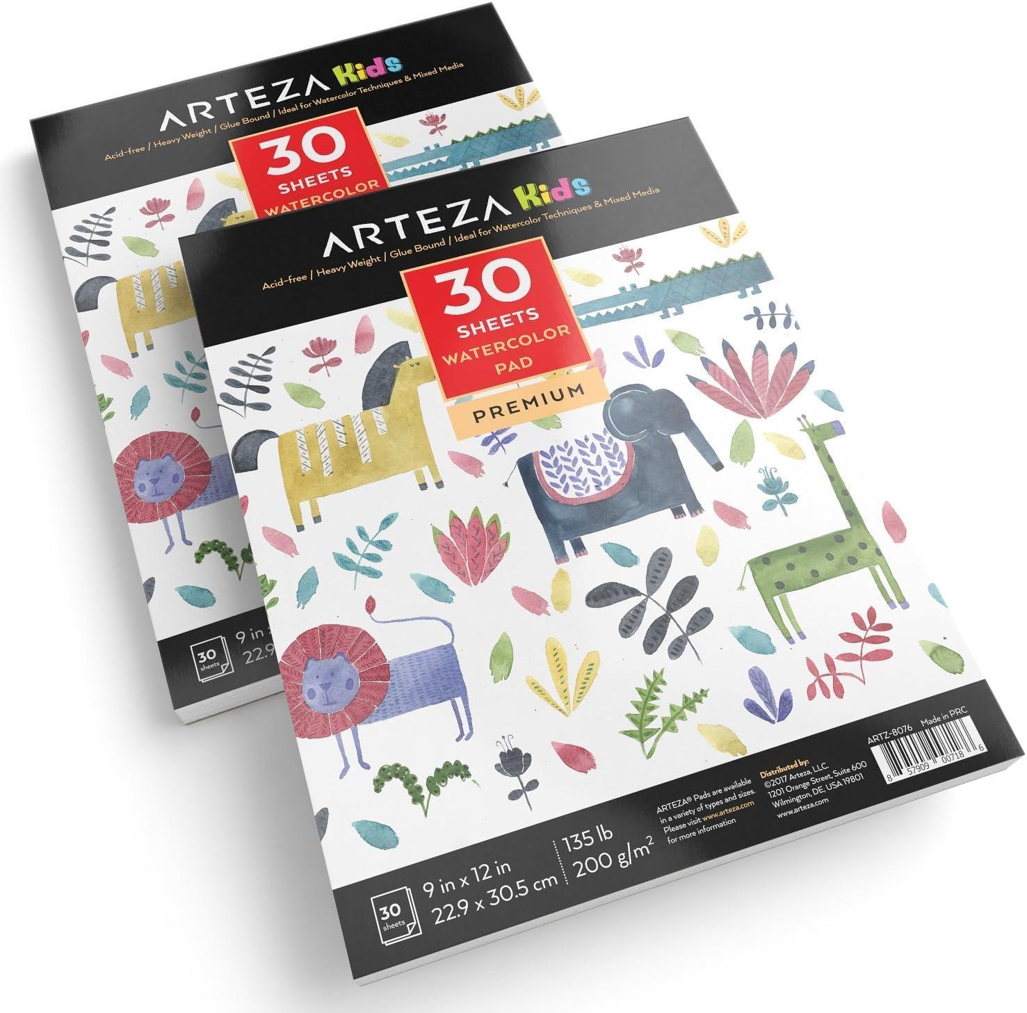 ARTEZA Watercolor Paper for Kids, 2 Pack, 30 Sheets Each, 9×12 Inches Water Pad, 135lb/200gsm, Glue Bound, Acid Free Kids Paper(60 Sheets)