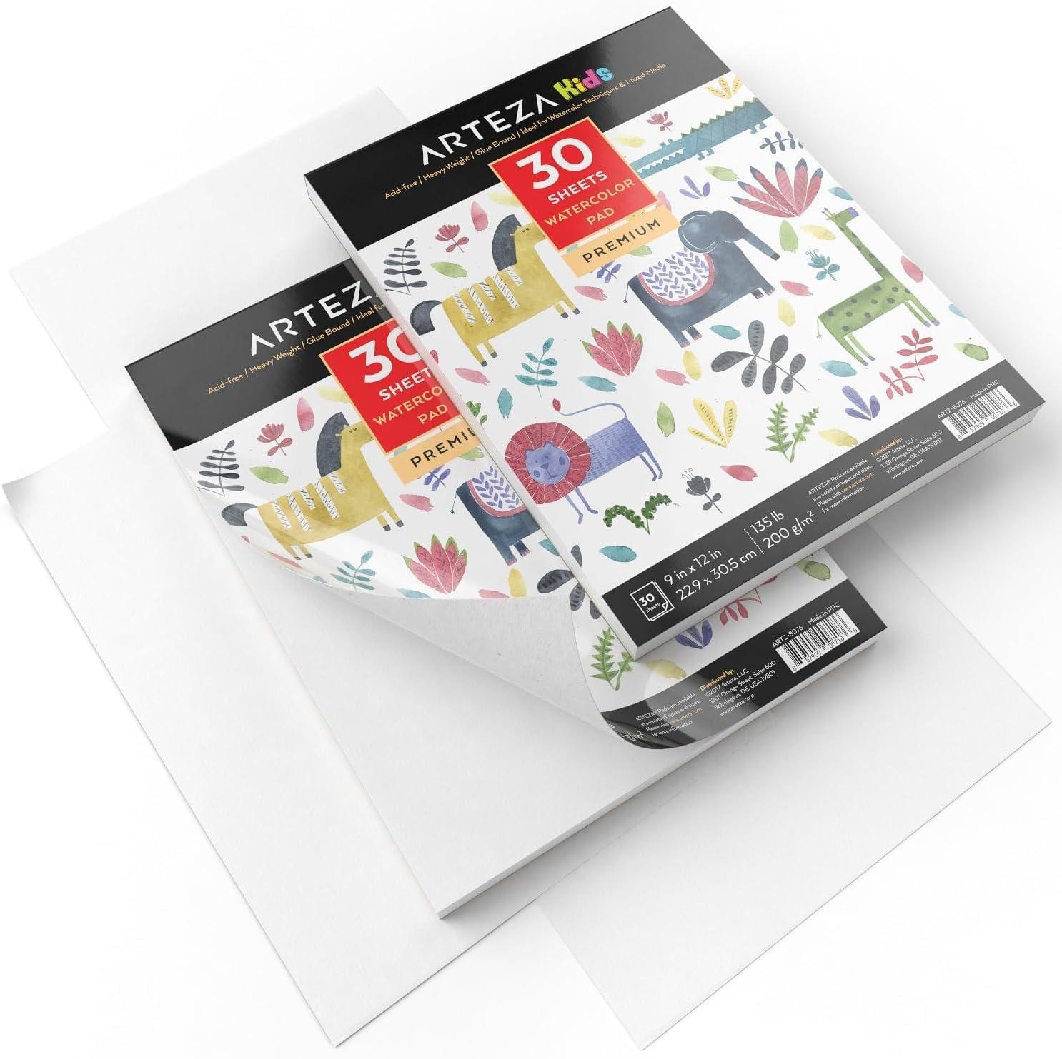 ARTEZA Watercolor Paper for Kids, 2 Pack, 30 Sheets Each, 9×12 Inches Water Pad, 135lb/200gsm, Glue Bound, Acid Free Kids Paper(60 Sheets)