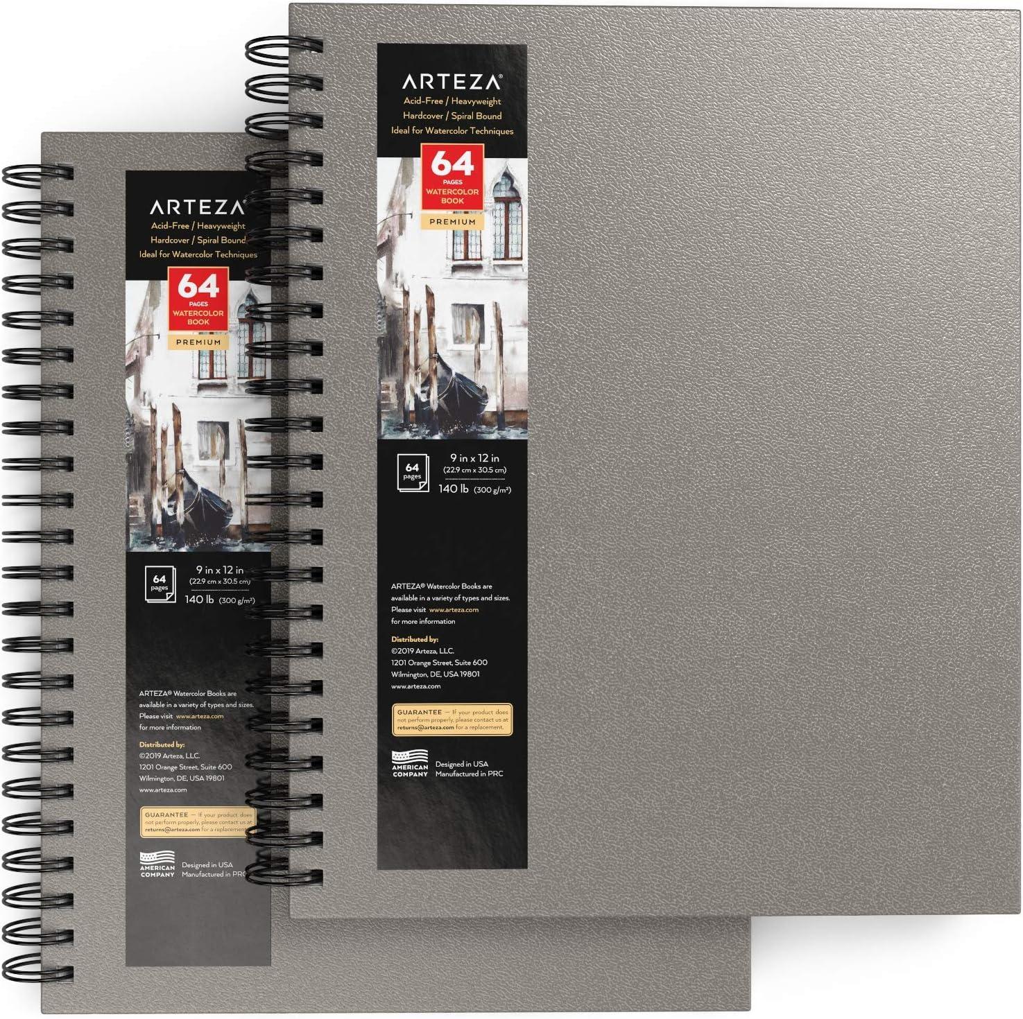 ARTEZA Watercolor Sketchbook, 2-Pack, 64 Pages Each, 9 x 12 Inches, Brown Hardcover, 140-Pound Spiral-Bound Paper(Gray)