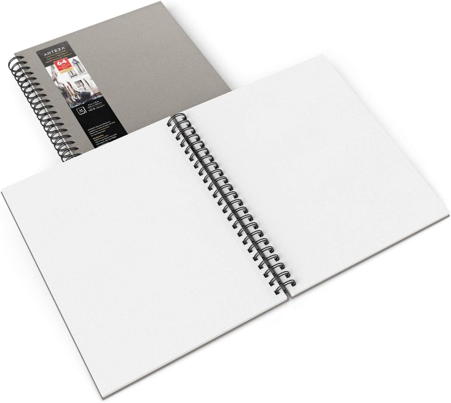 ARTEZA Watercolor Sketchbook, 2-Pack, 64 Pages Each, 9 x 12 Inches, Brown Hardcover, 140-Pound Spiral-Bound Paper(Gray)