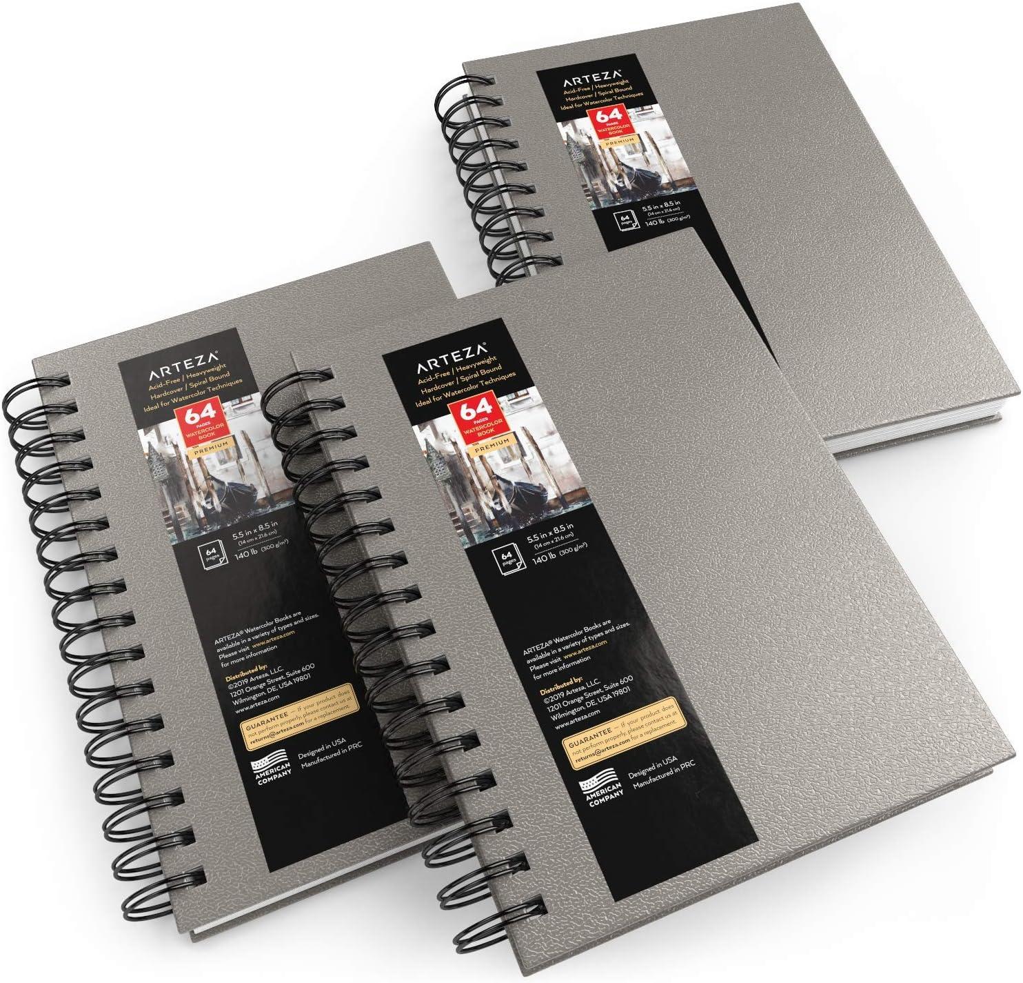 ARTEZA Watercolor Sketchbook, 2-Pack, 64 Pages Each, 9 x 12 Inches, Brown Hardcover, 140-Pound Spiral-Bound Paper(Gray)