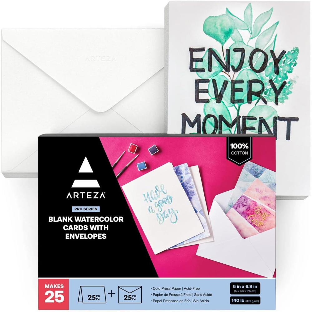 ARTEZA Blank Watercolor Cards with Envelopes, Set of 25, 5×6.9 Inches, 140 lb Watercolor Postcards, 100% Cotton Note Cards(25 Pack (5×7 Inch))