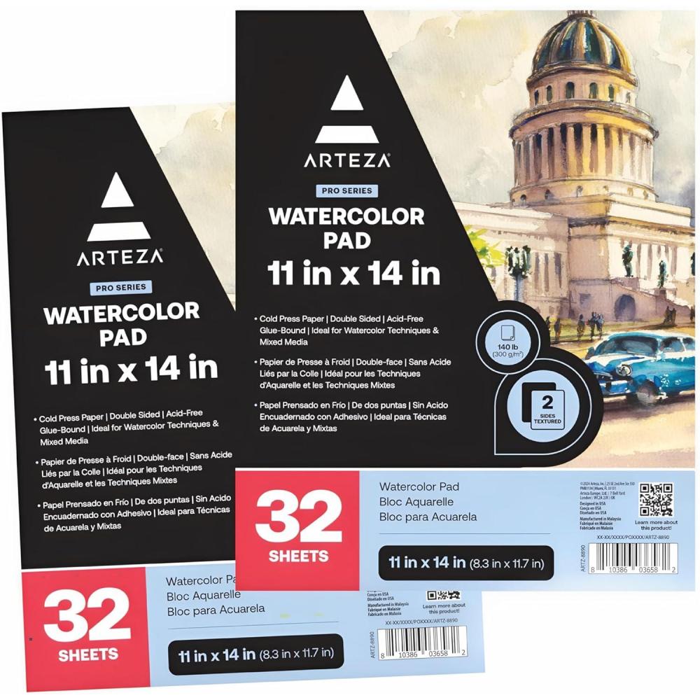 ARTEZA Watercolor Paper, Pack of 2, 32 Sheets Each, 11×14 Inches Watercolor Sketchbook, 140lb/300gsm, Cold Press, Acid Free Art Paper