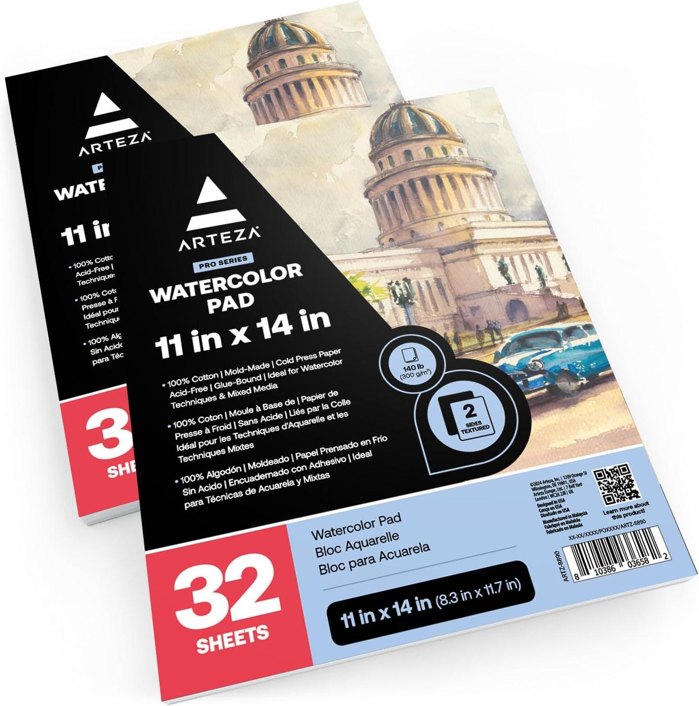 ARTEZA Watercolor Paper, Pack of 2, 32 Sheets Each, 11×14 Inches Watercolor Sketchbook, 140lb/300gsm, Cold Press, Acid Free Art Paper